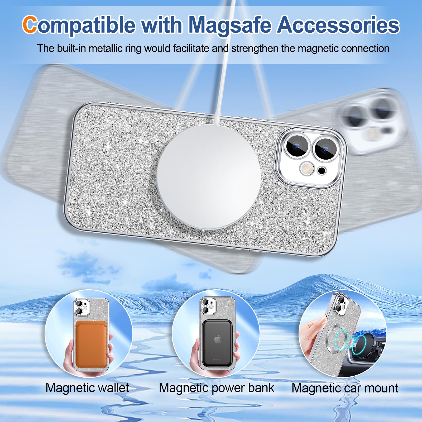 Hython For Iphone 12 Case Glitter, Clear Magnetic Phone Cases With Camera Lens Protector [Compatible With Magsafe] Bling Sparkle