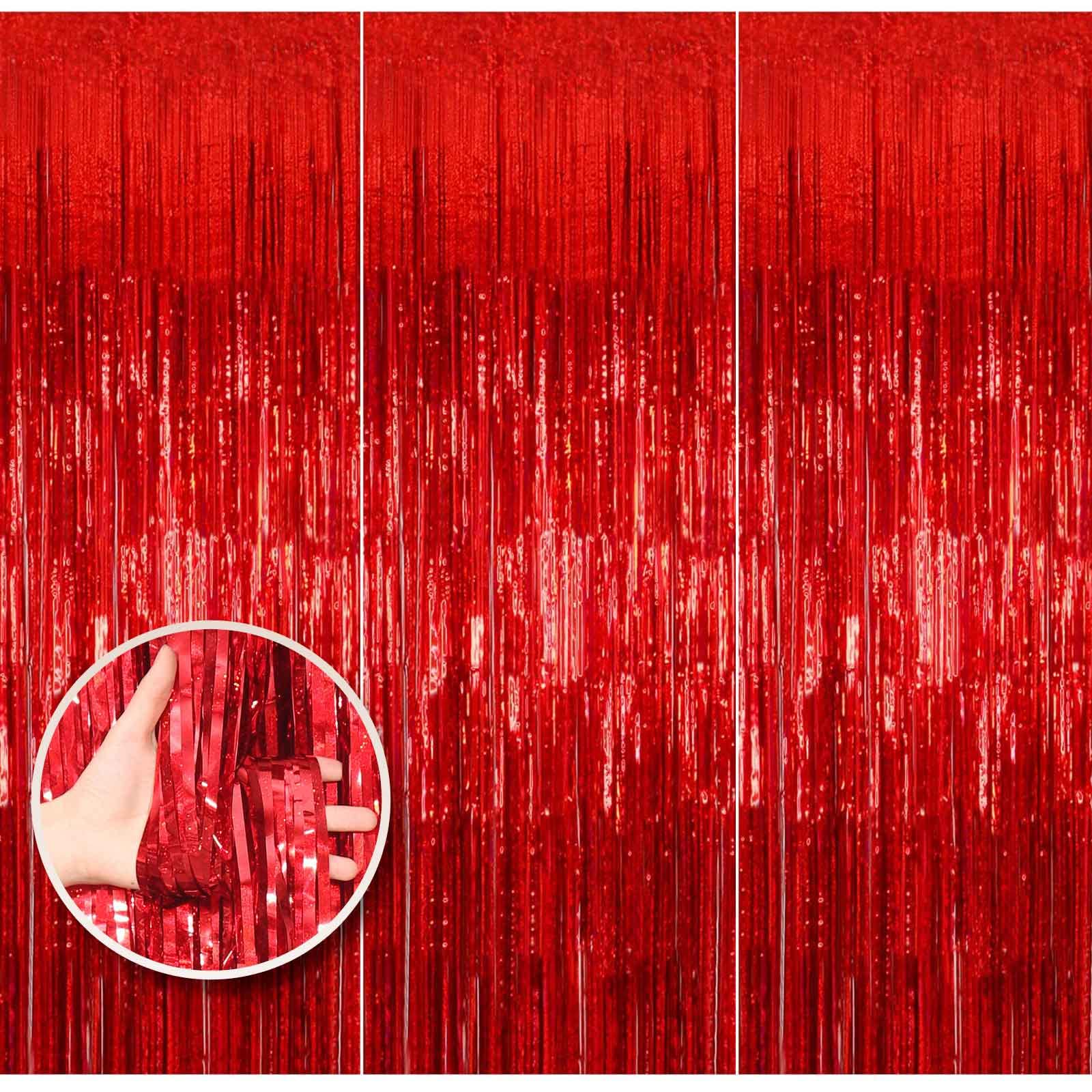 Yeson Red Foil Fringe Curtains Metallic Tinsel Shimmer Curtain Party Backdrop Decorations,Pack Of 4