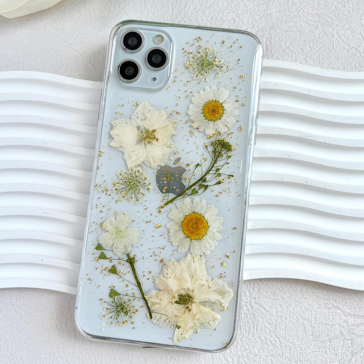 Lseeka For Iphone 11 Pro Max Clear Case With Pressed Real Flowers Design,Glitter Cute White Floral Pattern Slim Soft Tpu Protect