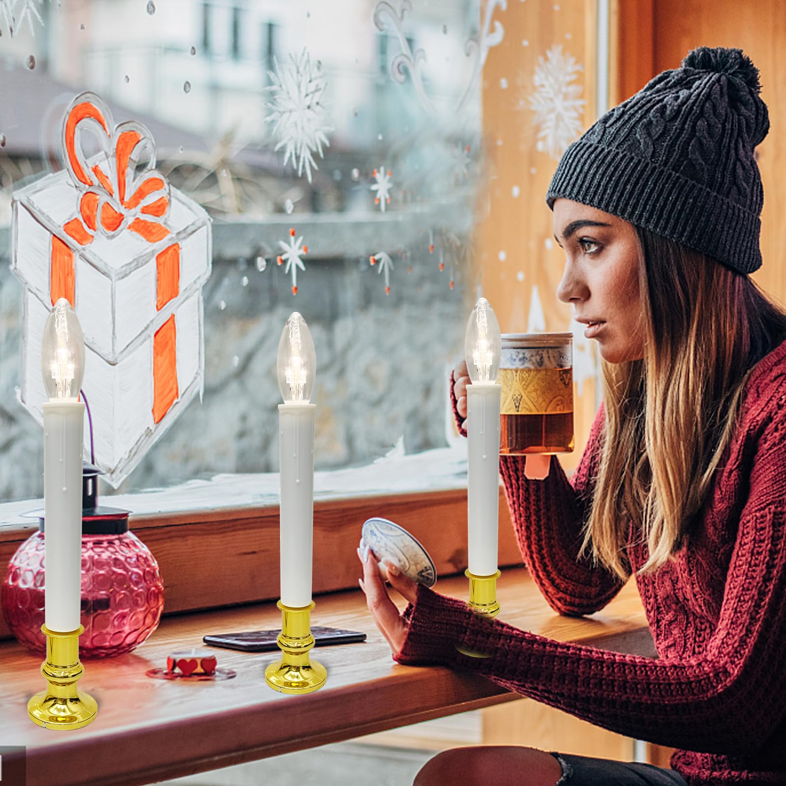 Romasaty 4 Pack Christmas Window Candle Lamps, Battery Operated Led Christmas Window Candle Lights With Automatic Timer And C26