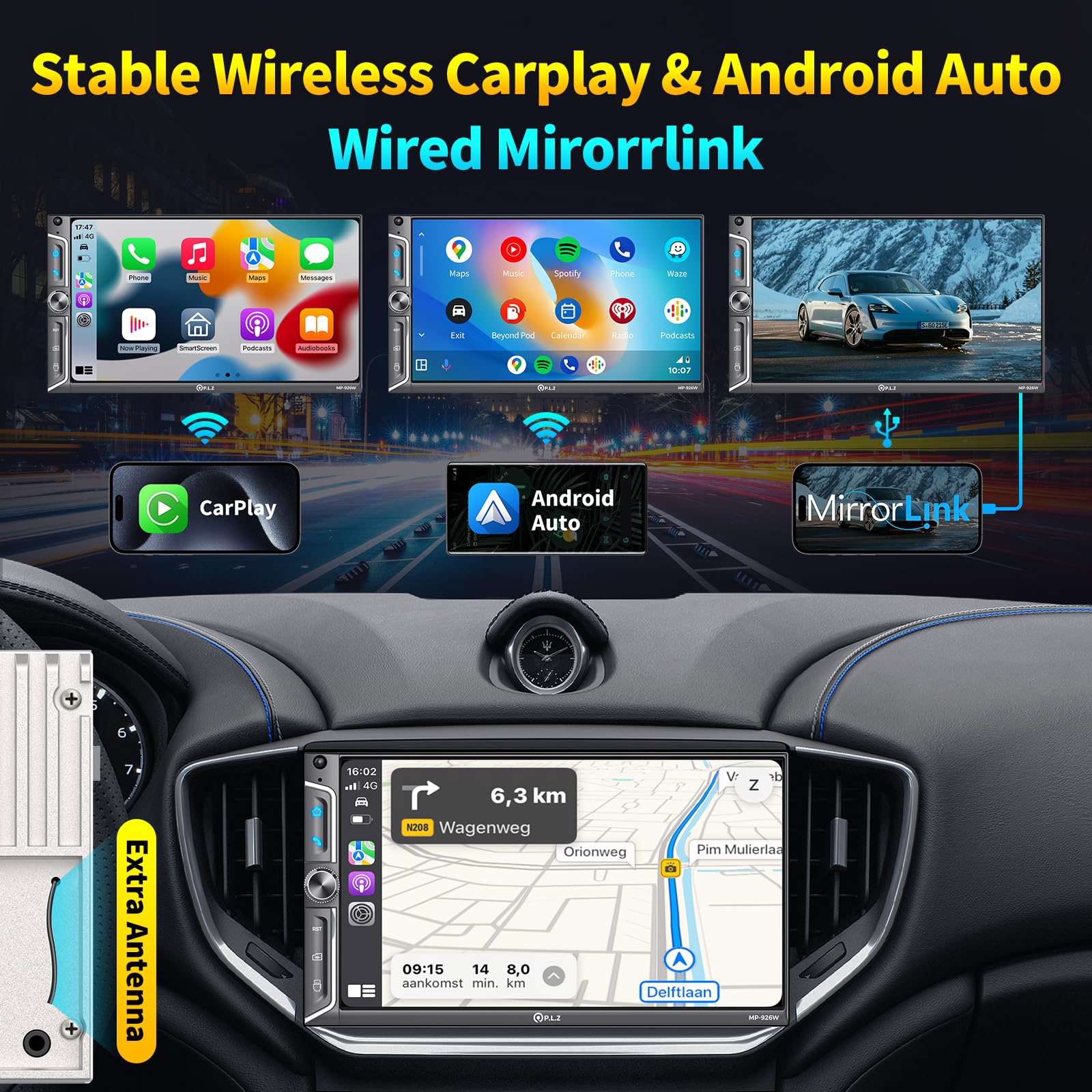 Plz 7'' Wireless Double Din Car Stereo Apple Car Play Radio Carplay Android Auto Qled Touch Screen, Bluetooth 5.3 Audio Receiver