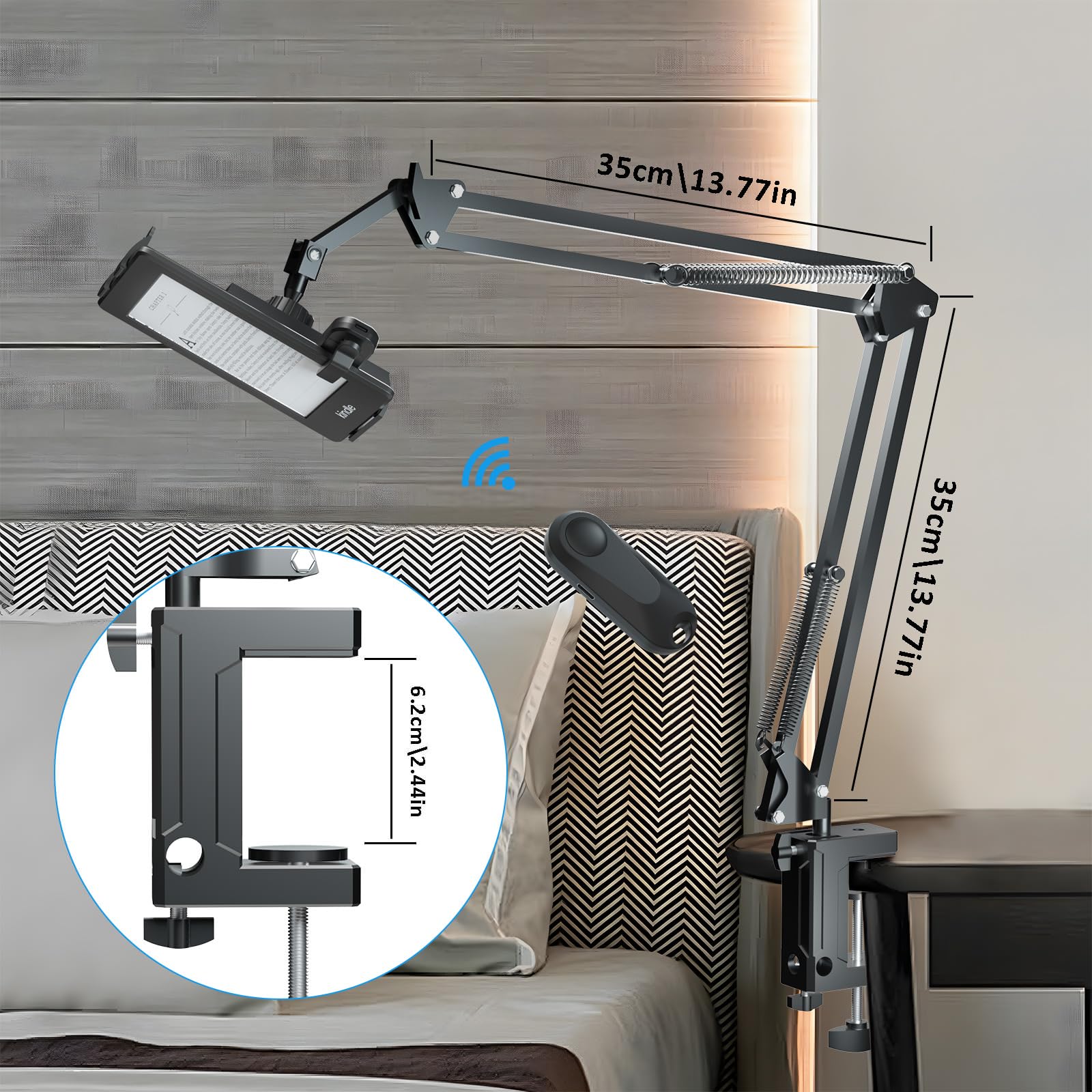 Locthal Tablet Holder For Kindle Reading In Bed With Remote Page Turner, Easy Adjust Hands Free Lazy Arm Mount For Kindle Access