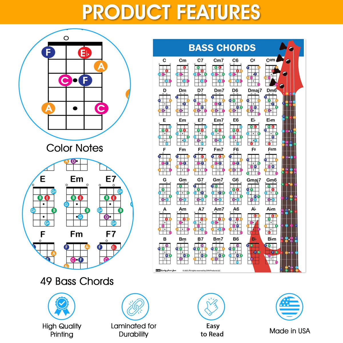 QMG Bass Guitar Chord Poster (11 x17 ), Bass Guitars Accessories ...