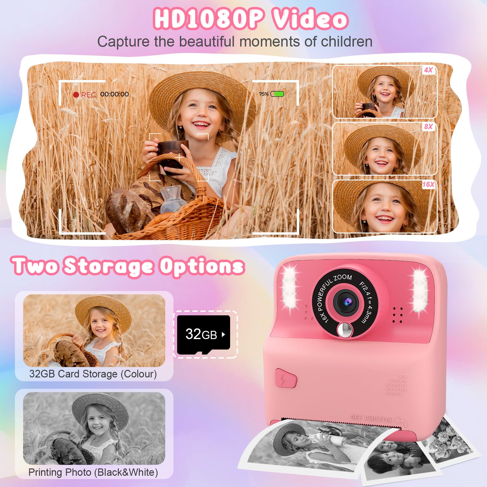 Instant Print Camera For Kids, Christmas Birthday Gift For Girls Boys Age 3 12 Toddler, Print Black White Photo Toy Instant Came