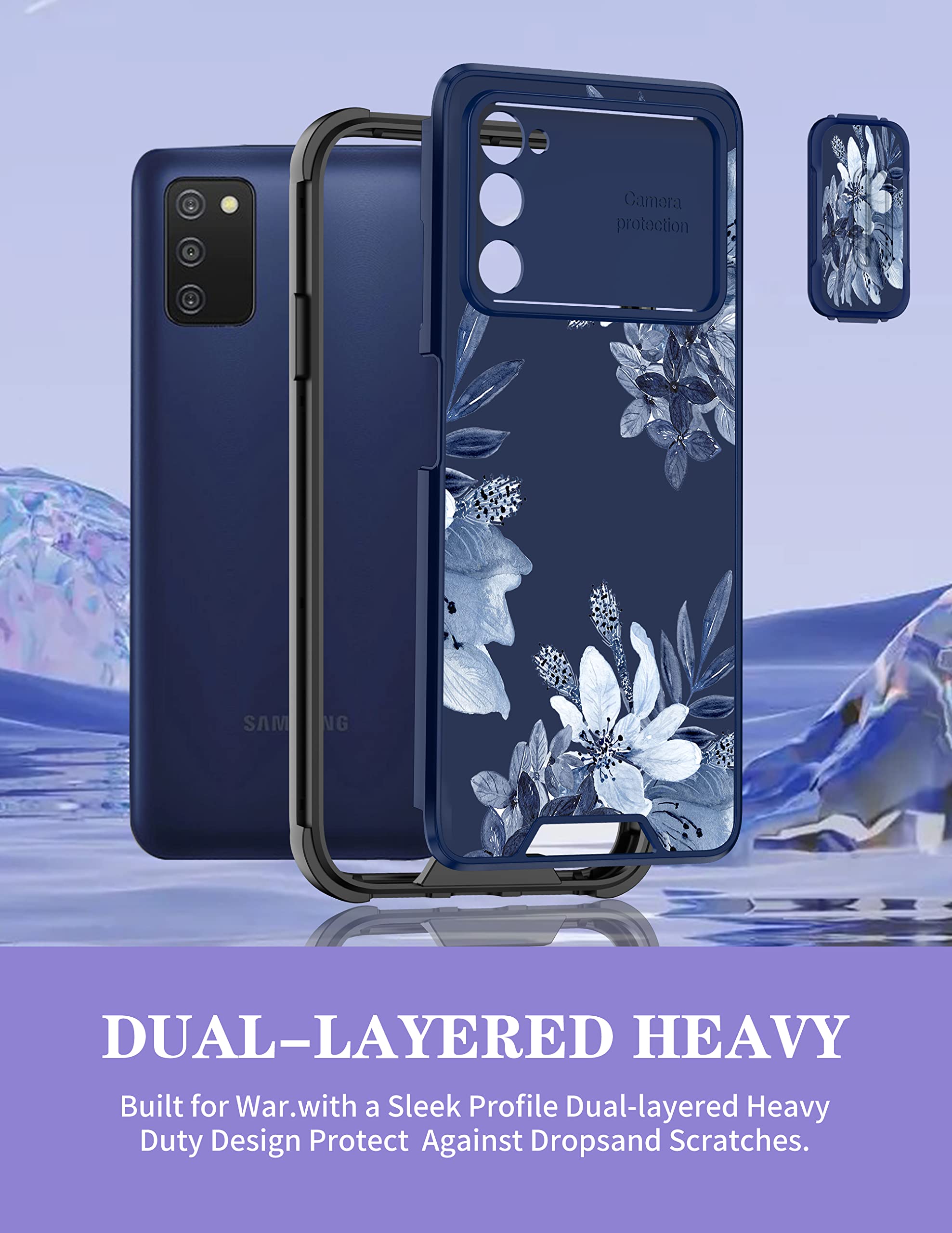 Goocrux For Samsung Galaxy A03S Case Flower For Women Girls Cute Floral Girly Aesthetic Phone Cover Pretty Blue Flowers Unique D