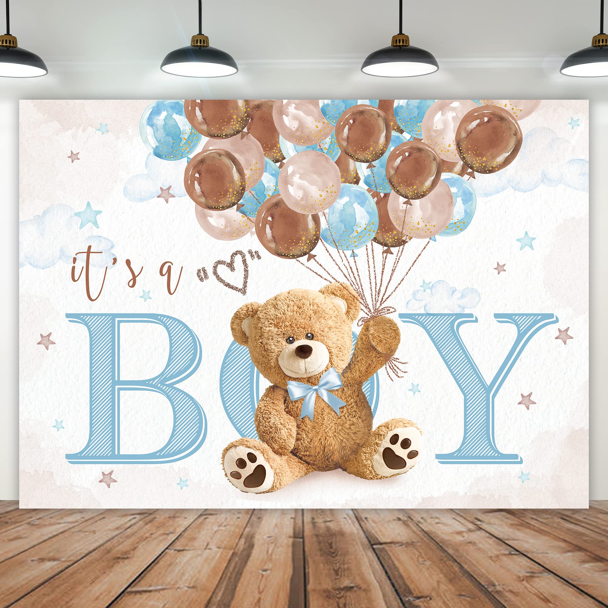 Imirell Boys Bear Baby Shower Backdrop 7Wx5H Feet It'S A Boy Lovely Cute Brown Blue Balloons Cartoon Polyester Fabric Kids Newbo