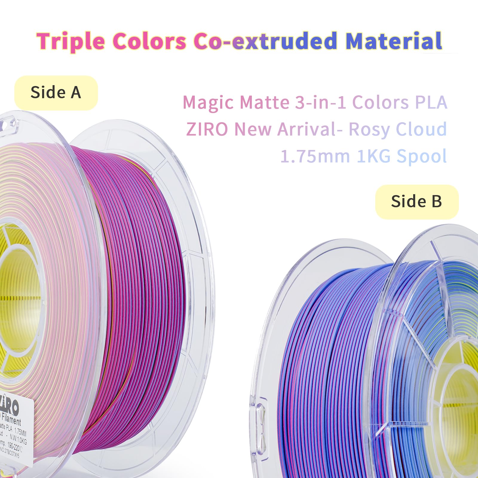 Ziro Pla Filament Matte, Multicolors 3D Printer Filament, Tri Colors 3 In 1 Chrome Coextrusion, Magic Three Color Pla, Fit Most