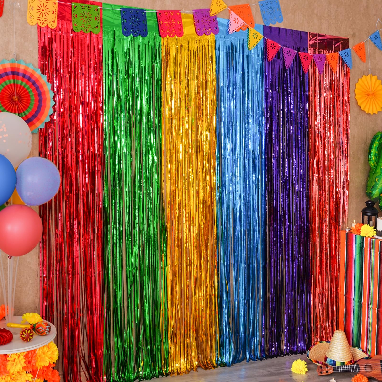 Mega L Fiesta Party Decorations Foil Fringe Curtains Backdrop, 2 Pack Mexican Themed 3.3X6.6Ft Tinsel Streamers Perfect For Spai