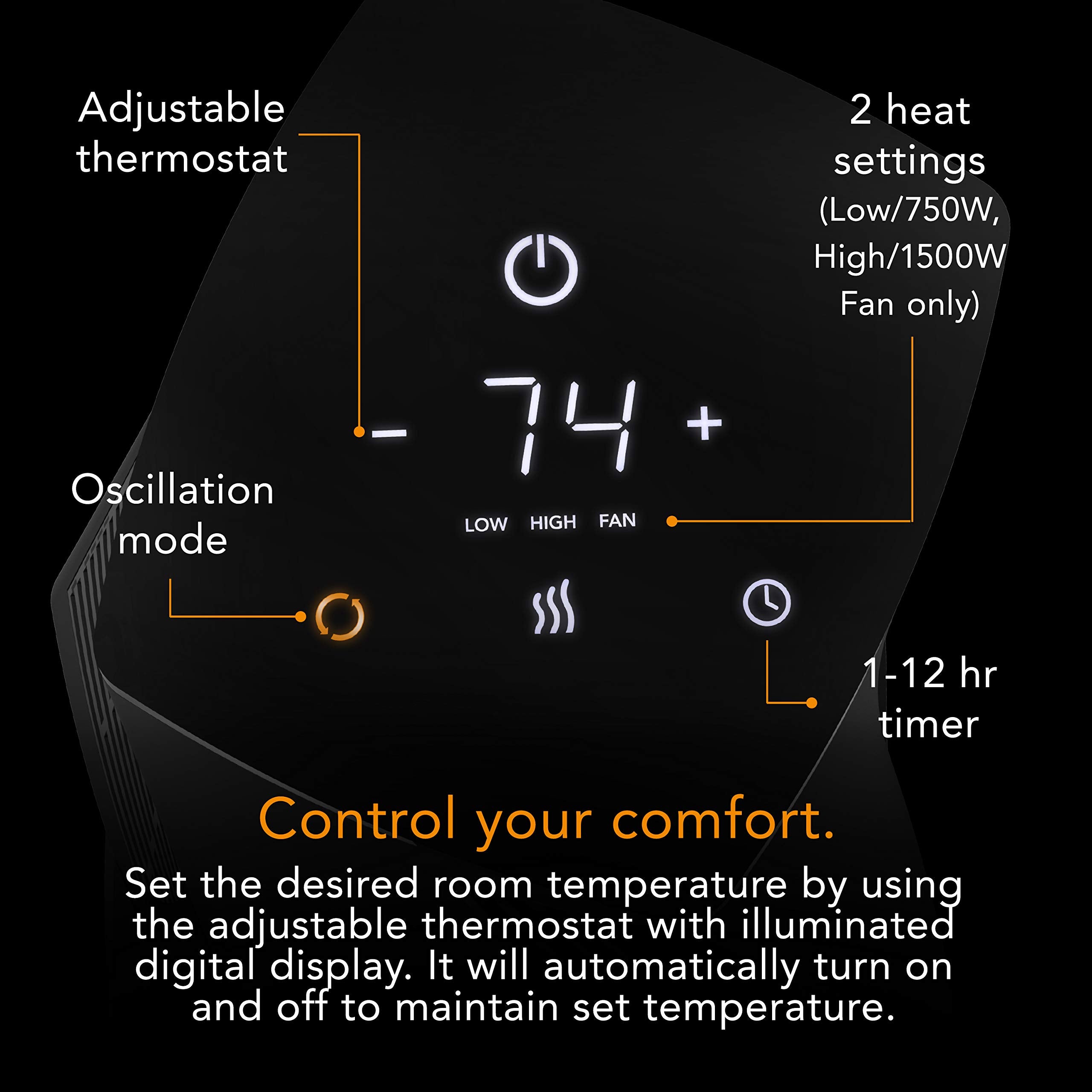 Vornado Oscth1 Oscillating Tower Heater, Whole Room, Advanced Safety, Fan Only Mode, Black