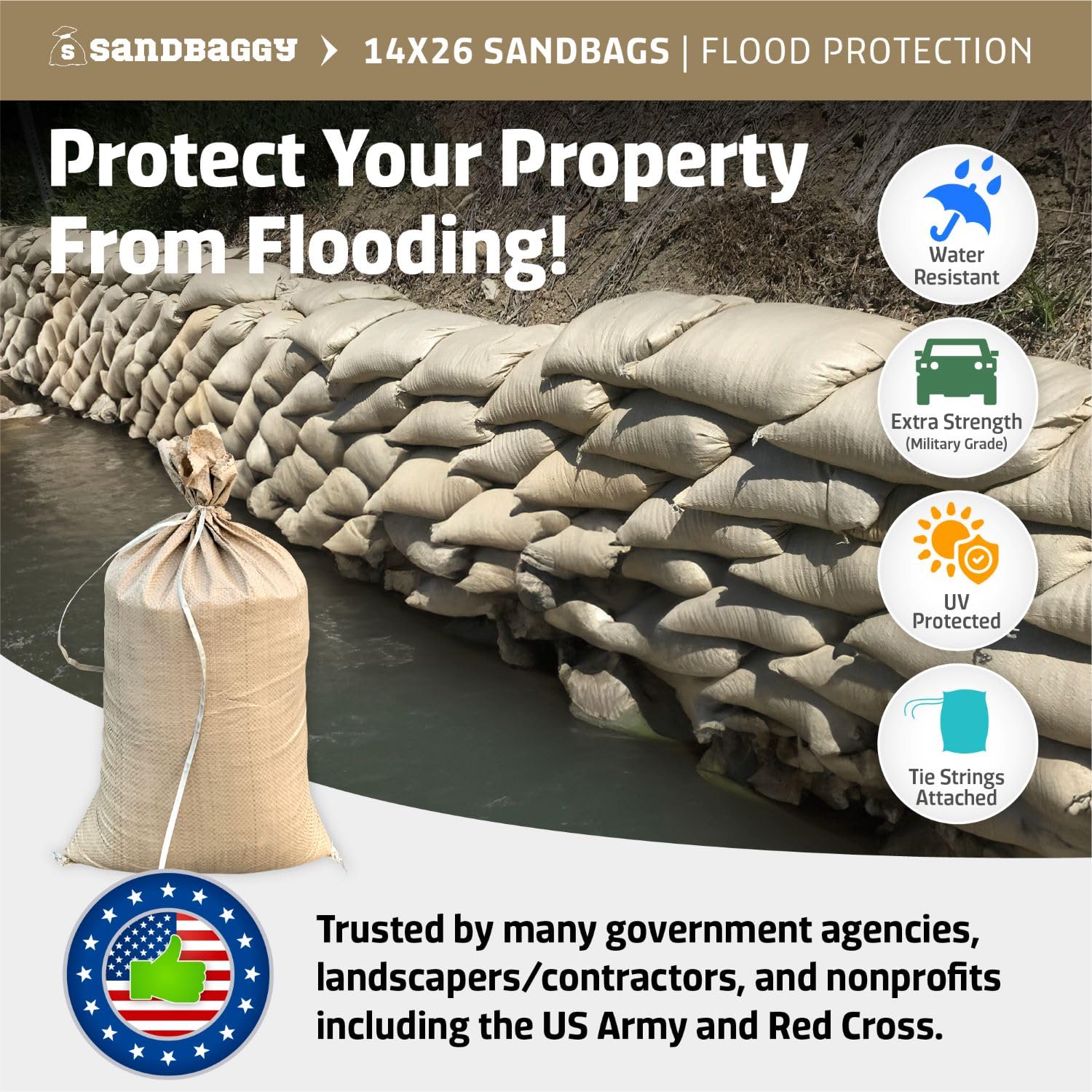 Sandbaggy Sandbags (14' X 26') | Military Grade | Protects Homes & Businesses From Flooding | Sand Bags Trusted By Us Military & Forest Service (10, Beige)