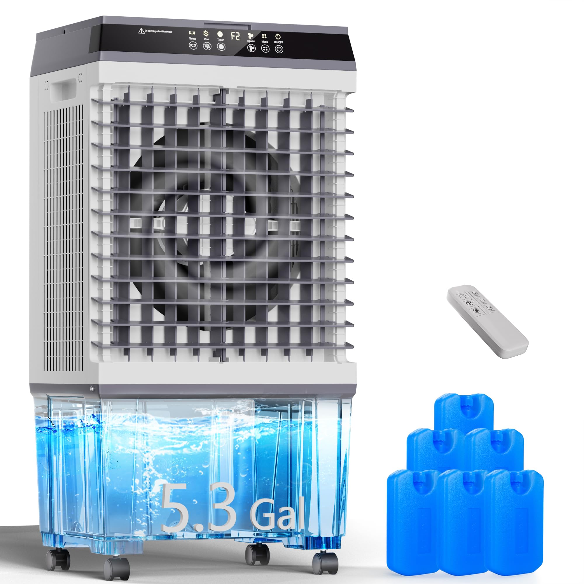 Uthfy Evaporative Air Cooler, 3-IN-1 Swamp Cooler with 5.3 Gallon Water Tank, 6 Ice Packs, Remote, 12H Timer, 120Oscillation, Po