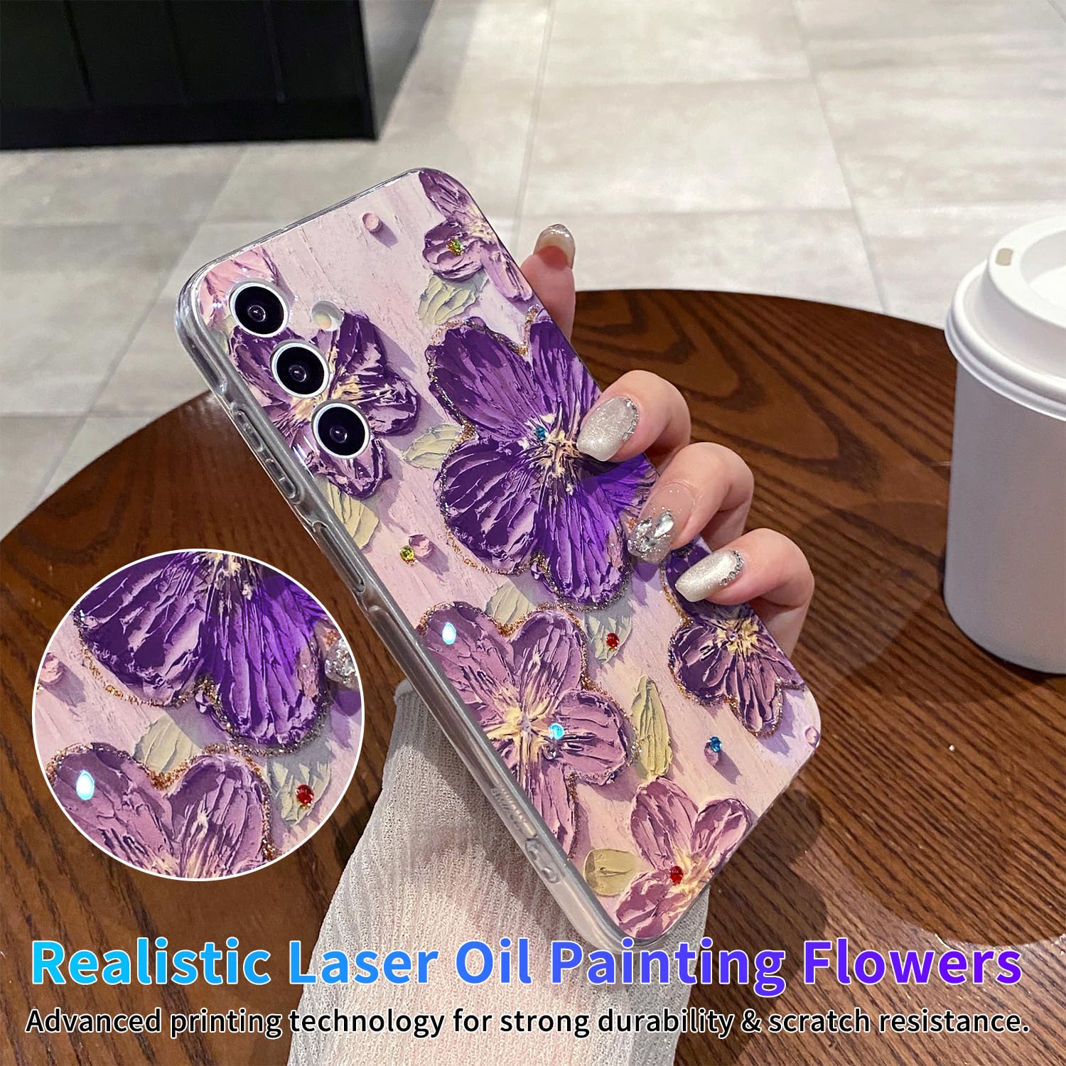 Leleyun Case For Samsung Galaxy S24 Plus, Retro Oil Painting Printed Flower Cute Pattern With Glitter Gem Phone Cover Durable Tp