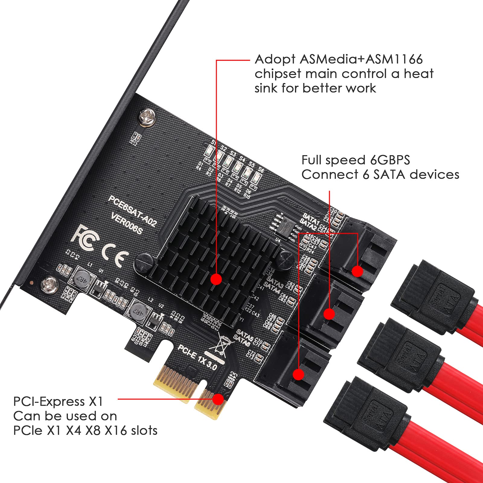 Mzhou Pcie Sata Card 6 Ports, With 6 Sata Cables And Low Profile Bracket, 6 Gbps 1X Sata 3.0 Pcie Card,Support 6 Sata 3.0 Device