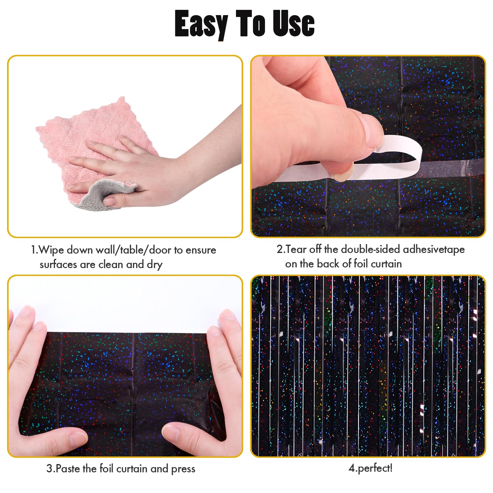 Canrevel 2 Pack 3.3X8.2 Feet Laser Black Foil Fringe Backdrop Curtains, Tinsel Streamers Birthday Party Decorations, Fringe Back