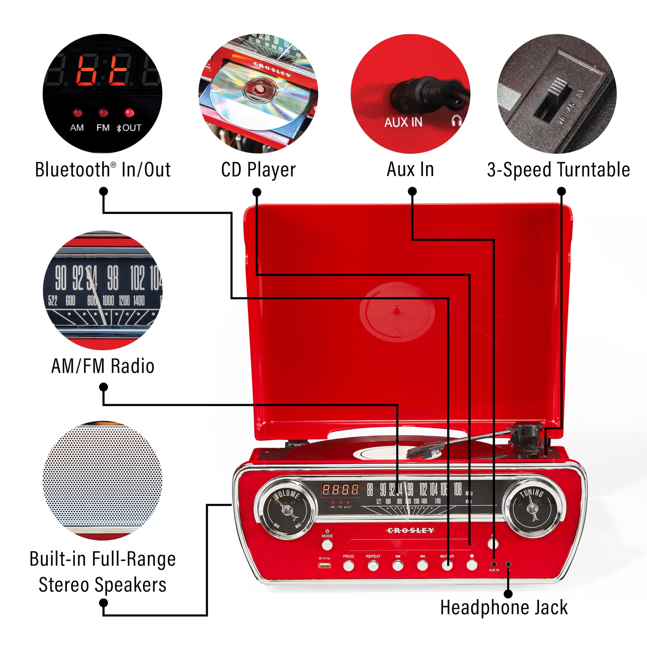 Crosley Cr6047A-Re Powel 7-In-1 Bluetooth In/Out Vinyl Record Player With Am/Fm Radio, Cd Player, And Aux-In, Red