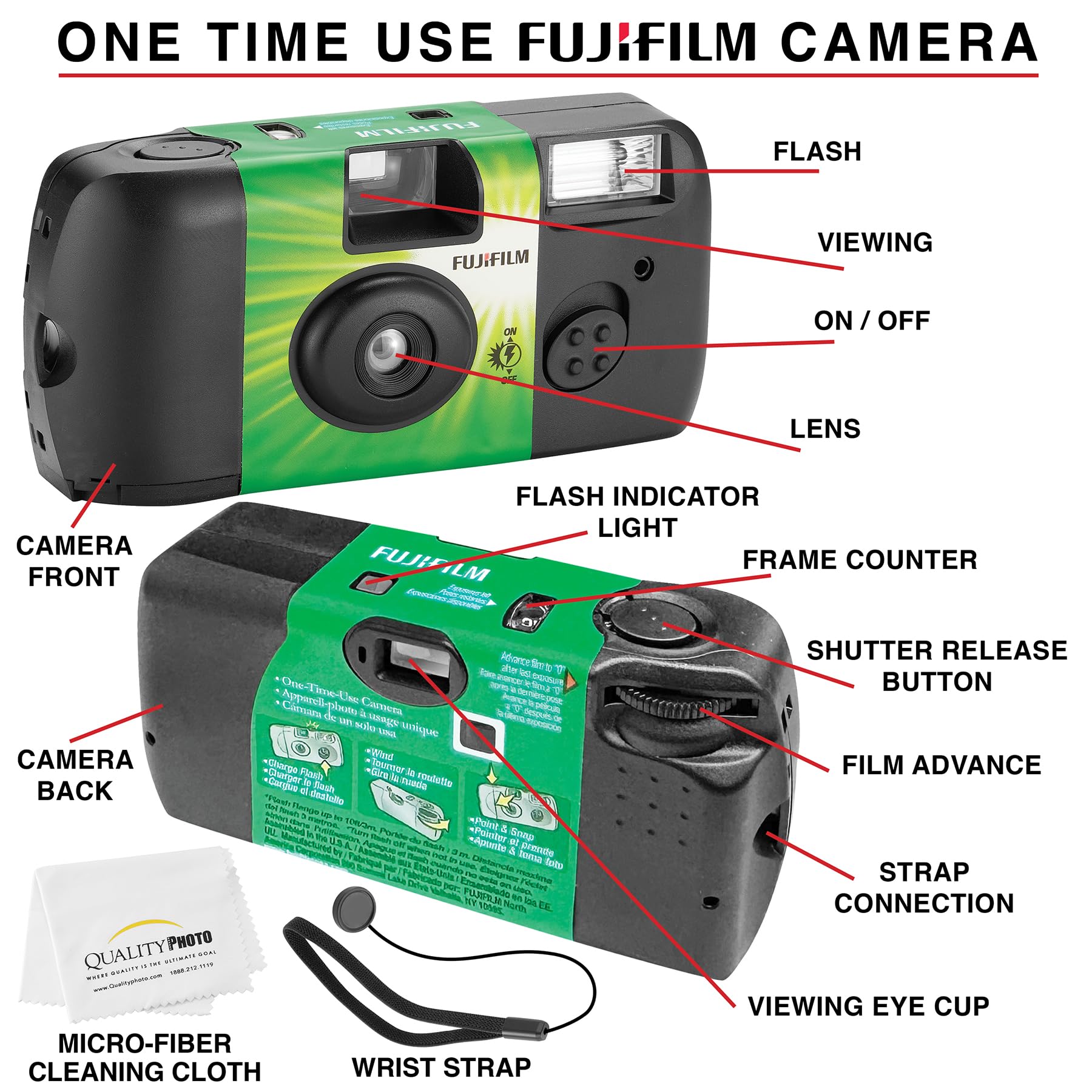 Fujifilm Quicksnap Flash 400 Disposable 35Mm Camera + Hand Strap + Quality Photo Microfiber Cloth (3 Pack)