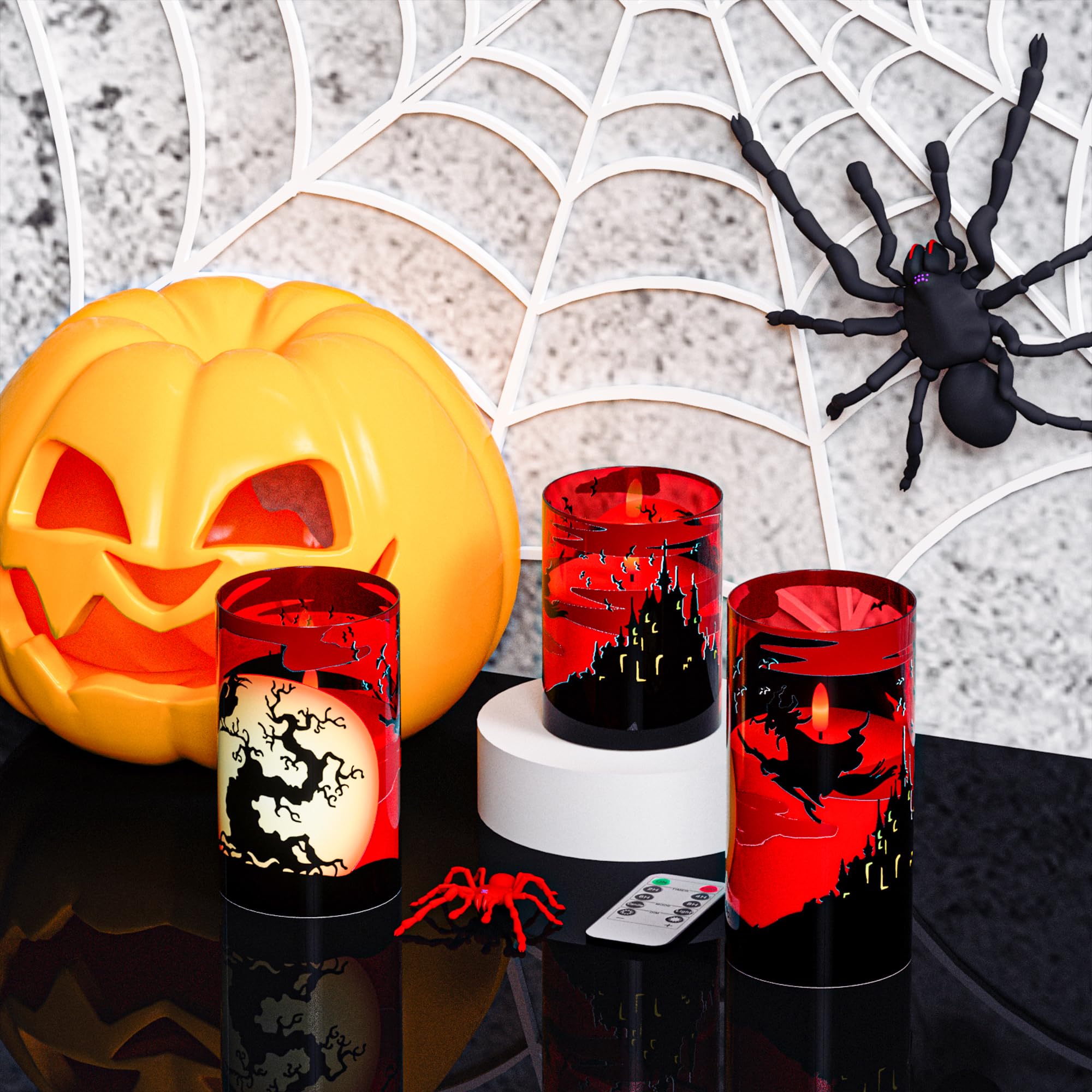 Genswin Halloween Flameless Candles With Witch, Crow Raven, Castle Decals, 3 Pack Battery Operated Candles With Remote Timer, Ha