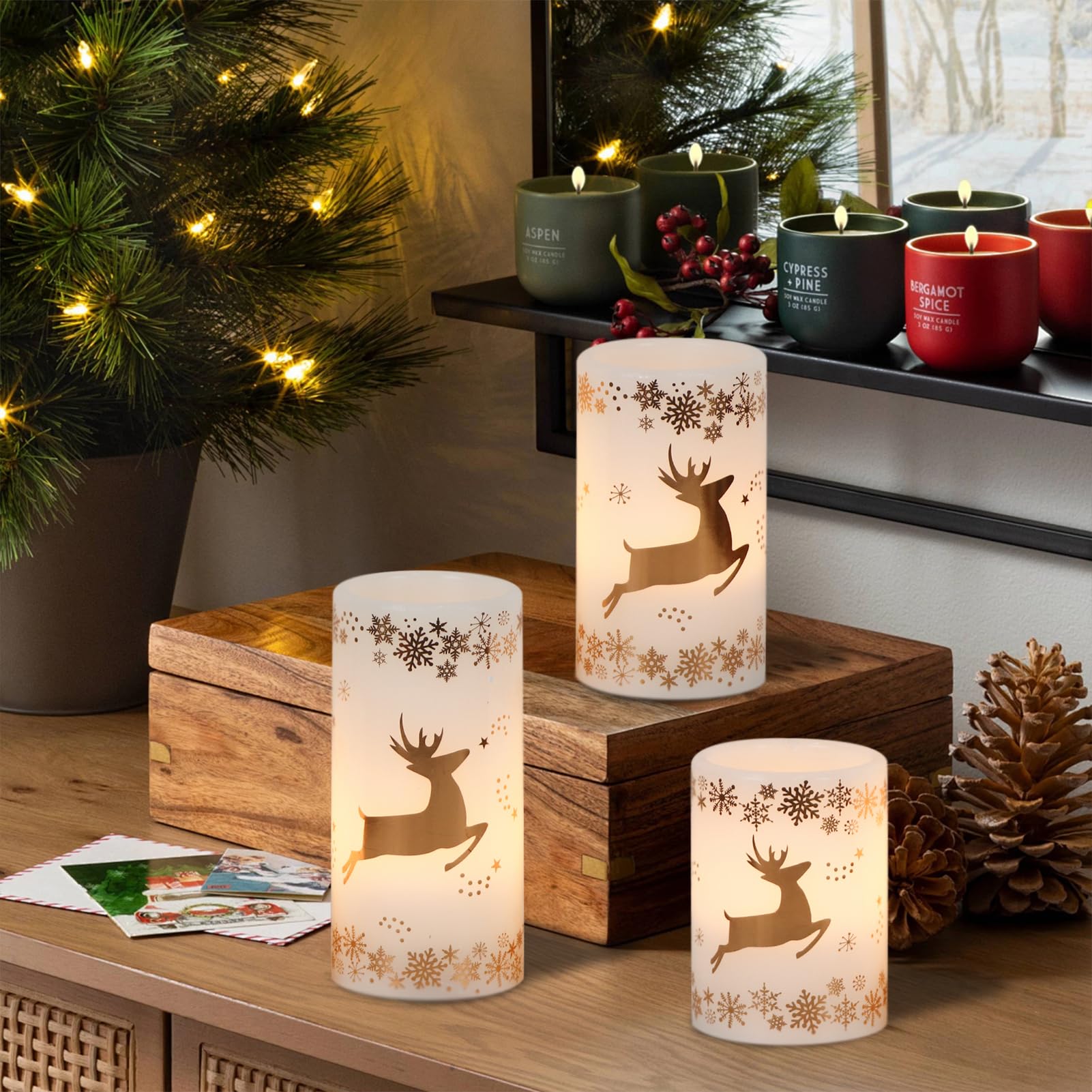 Wondise Flameless Flickering Candles With 6H Timer, Gold Deer Christmas Battery Operated Candles 3 Pack Real Wax Warm Light Led