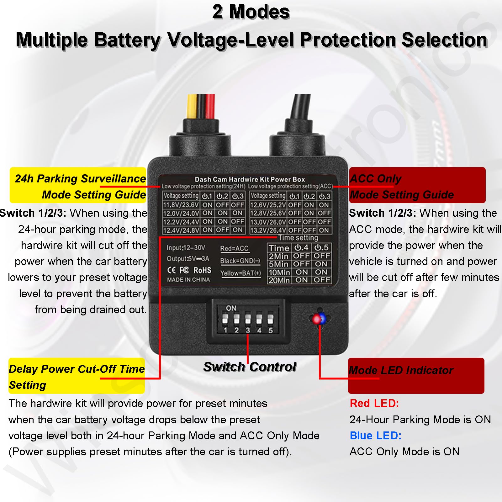 Dash Cam Hardwire Kit, Usb C 3 Wire Dashcam Hardwire Kit 24H Parking Mode Dash Camera Charger Power Cord 11.5Ft 12 24V To 5V/1 3