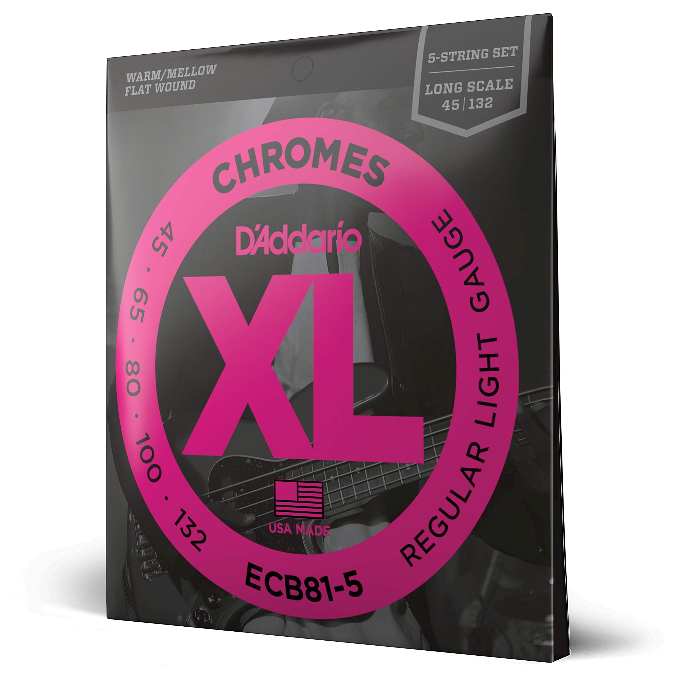 D'Addario Xl Chromes Flat Wound Bass Guitar Strings   Ecb81 5   5 String   Long Scale   Regular Light, 45 132