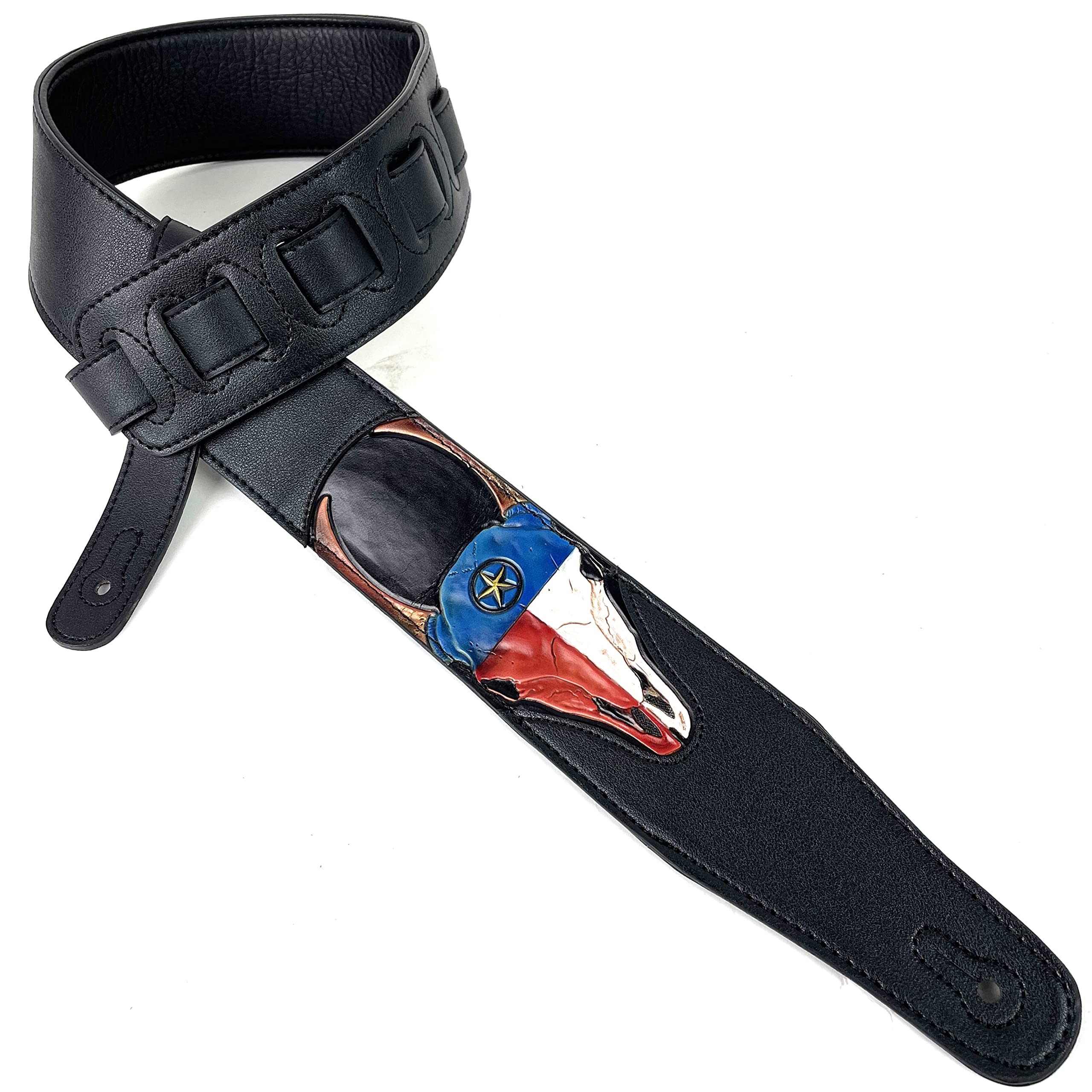 Walker & Williams CVG19 Black Handmade Guitar Strap With Hand Tooled Red, White, And Blue Texas Star Longhorn Design On Premium