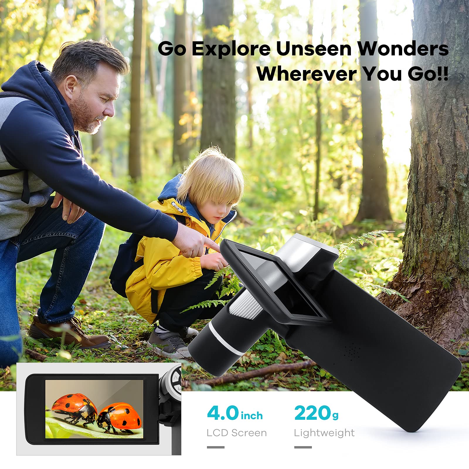 Linkmicro Lm203 4'' Handheld Digital Microscope With Screen, 200X Portable Microscope For Adults, Usb Coin Magnifier With Lights