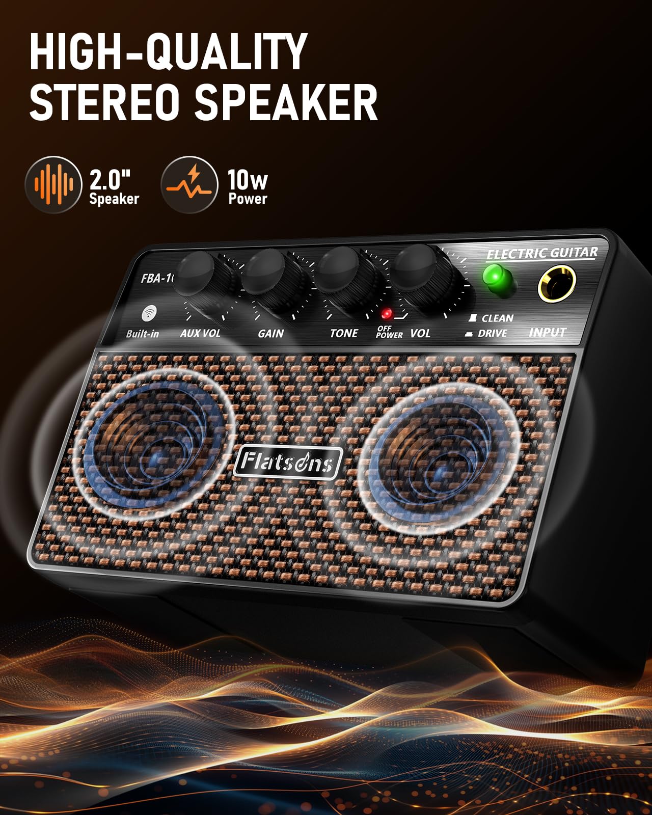 Flatsons Fba-10 Guitar Amp, 10W Mini Electric Guitar Amplifier With Clean/Drive Channel, 6H Working, Usb-C Rechargeable, 3.5Mm H