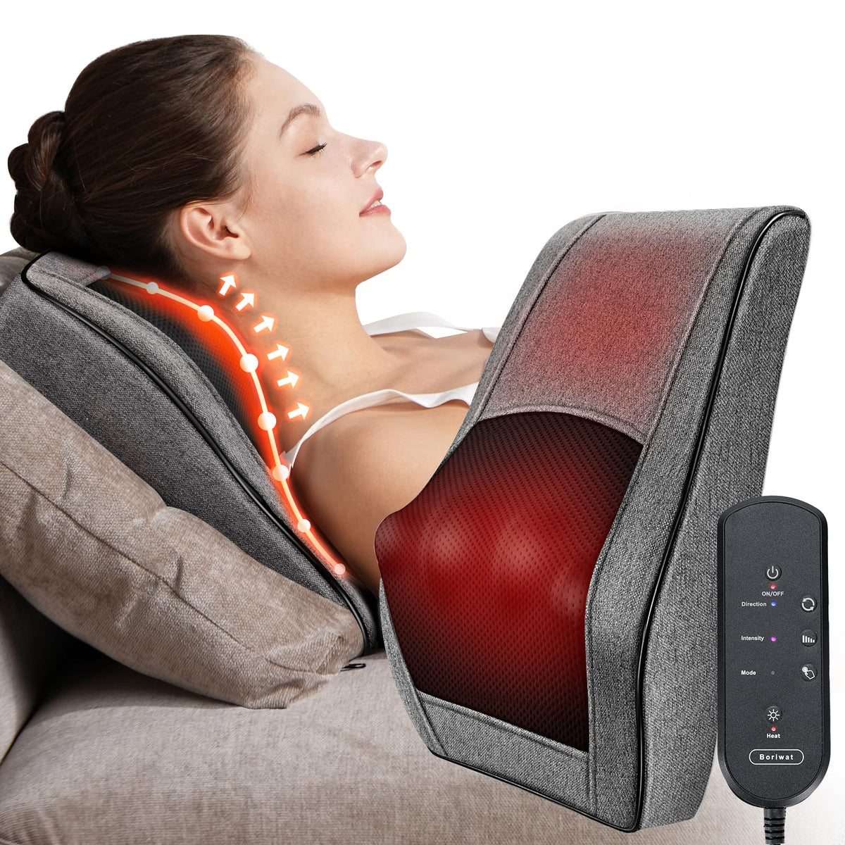 Boriwat Back Massager With Heat, Neck Massager For Pain Relief Deep Tissue, 3D Kneading Massage Pillow For Back, Neck, Shoulder,