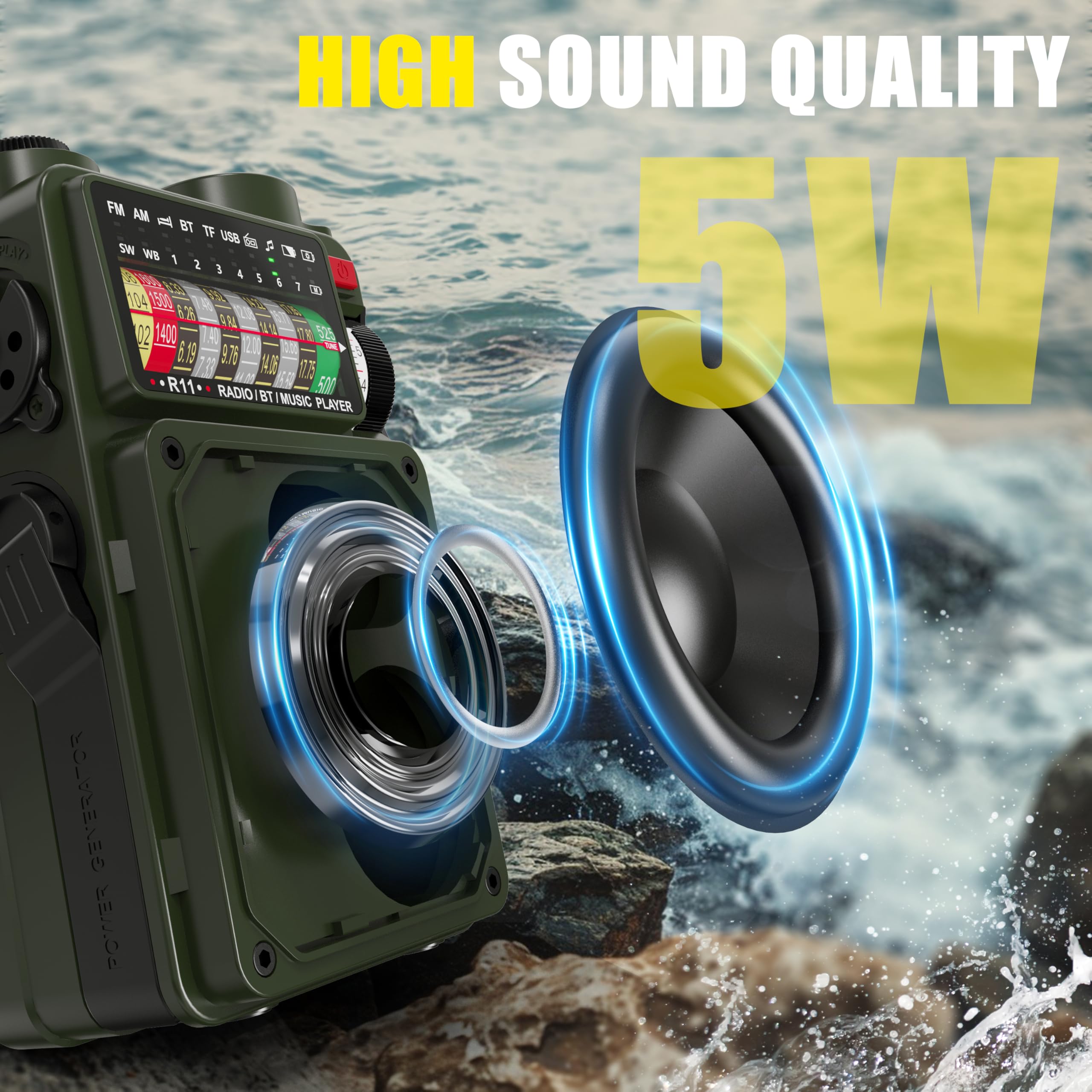 Noaa Weather Radio   4000Mah Am/Fm/Wb/Sw Emergency Radio With Bluetooth,Flashlight,Sos Alarm, Powered By Usb Charged,Hand Crank