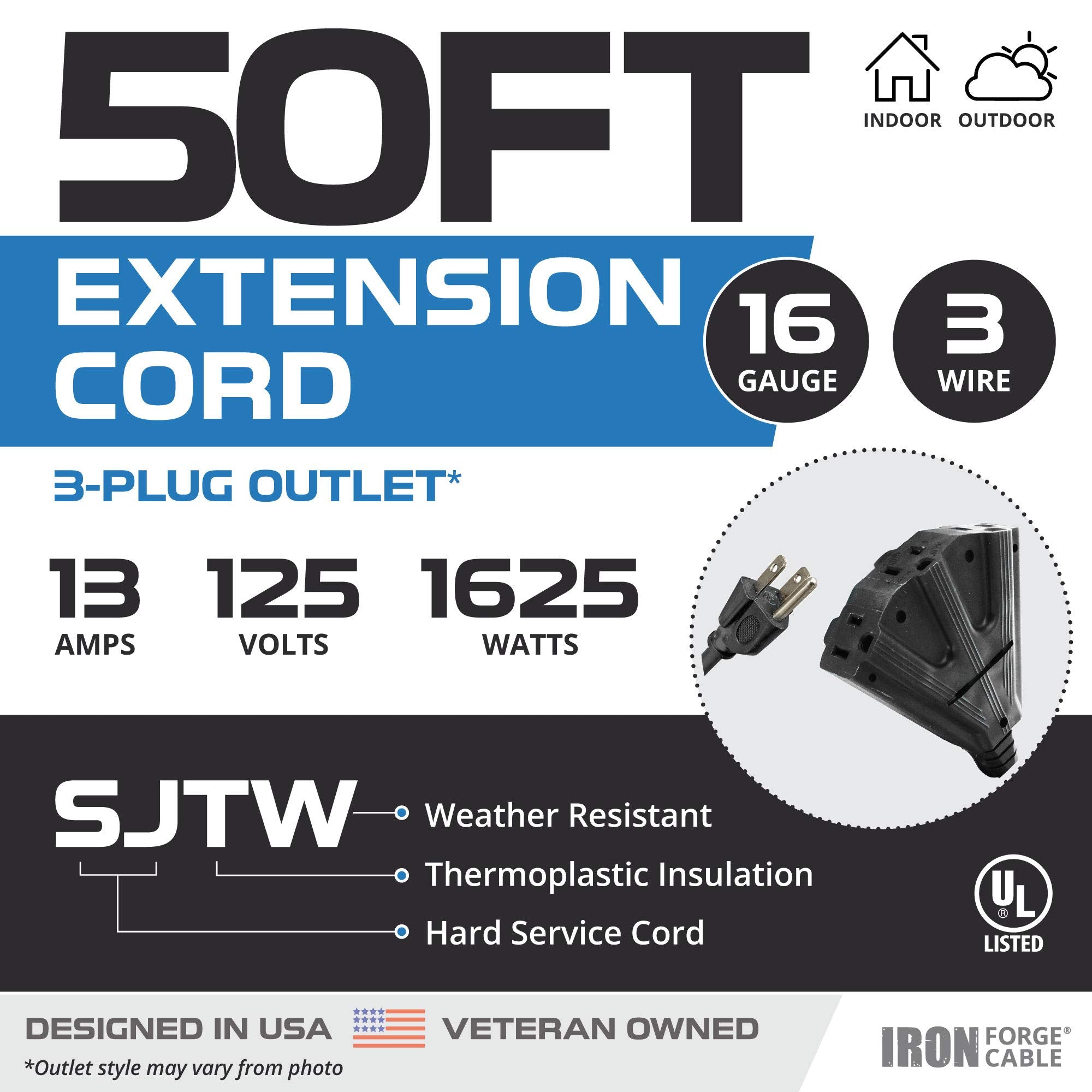 Iron Forge Cable 50 Ft Black Extension Cord With 3 Outlet, 16/3 Weatherproof 50Outdoor Extension Cord Multiple Outlets, 50 Foot