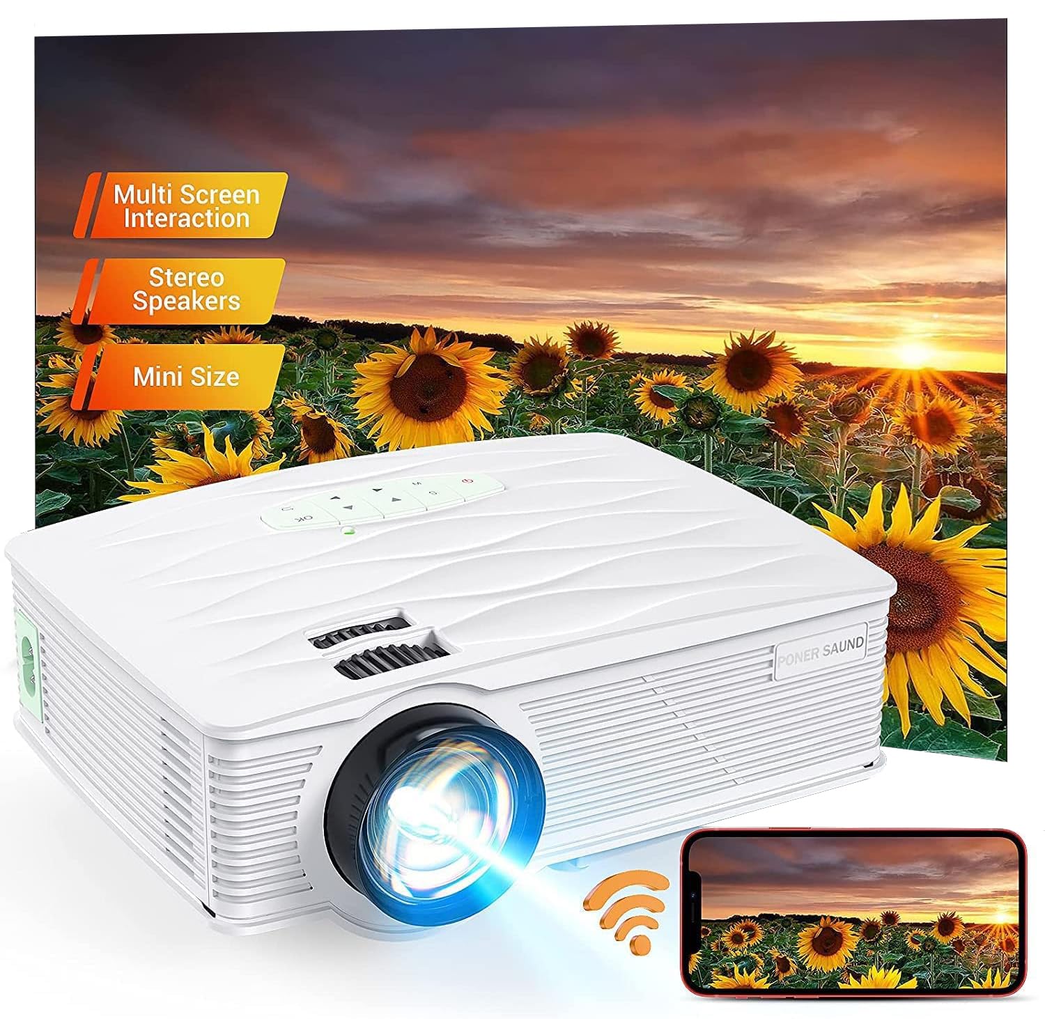 Projector, Poner Saund Wifi Mini Projector 1080P Supported Home Outdoor Video Projector, 5500 Lux 210'' Display Movie Projector,