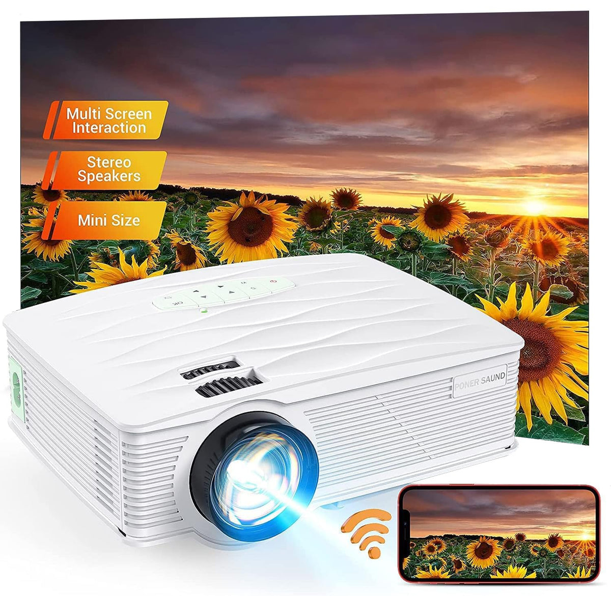 Projector, Poner Saund Wifi Mini Projector 1080P Supported Home Outdoor Video Projector, 5500 Lux 210'' Display Movie Projector,