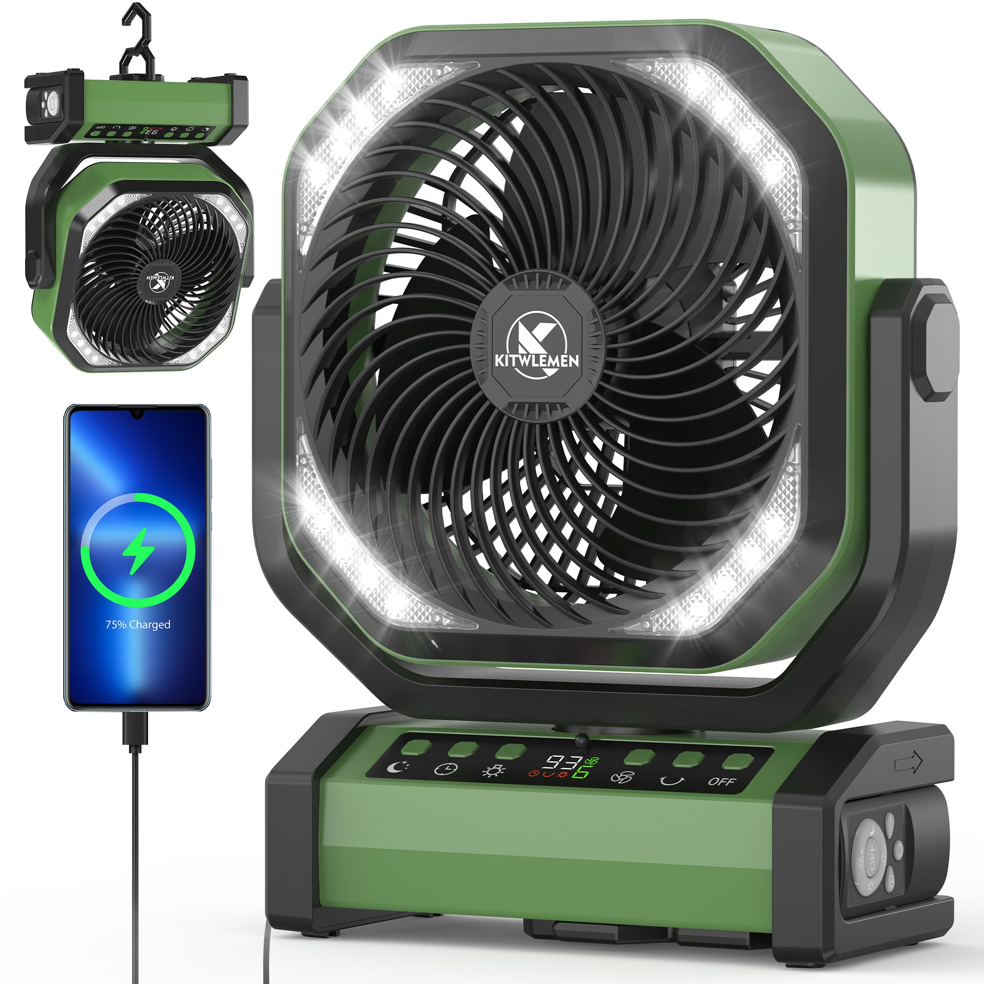 Camping Fan with Light - 20000mAh Rechargeable Battery Fan, 112Hrs Max Run Time, 8 Speeds, Digital Display, Timer, Auto Oscillat