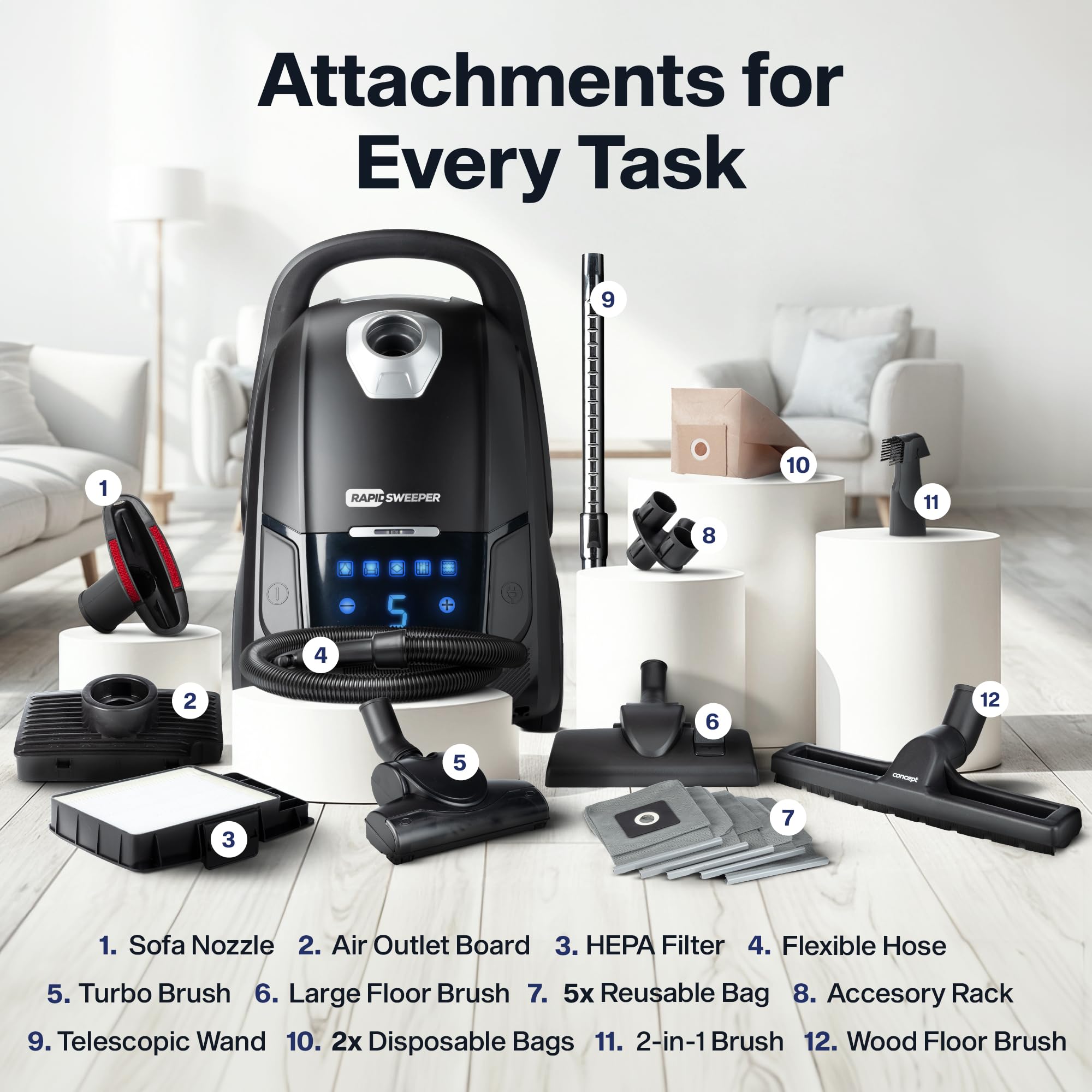 Rapidsweeper Bagged Canister Vacuum Cleaner & Blower For Home   Washable Hepa Filter   5L Capacity   5 Speeds   For Hardwood & L