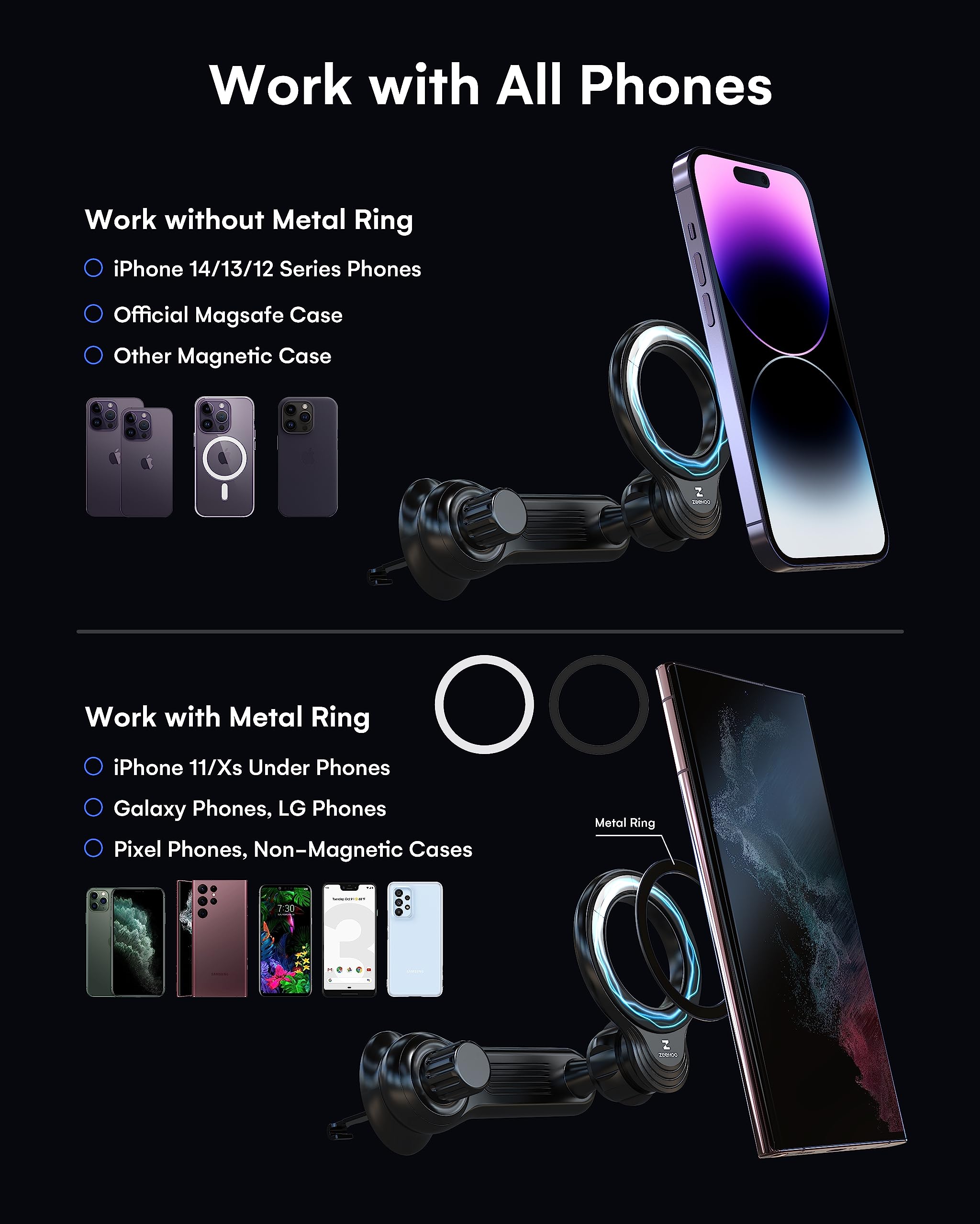 Zeehoo Compatible With Magsafe Car Mount, Magnetic Phone Holder For Car [12 Strongest Magnets], Magnetic Car Vent Phone Mount [N