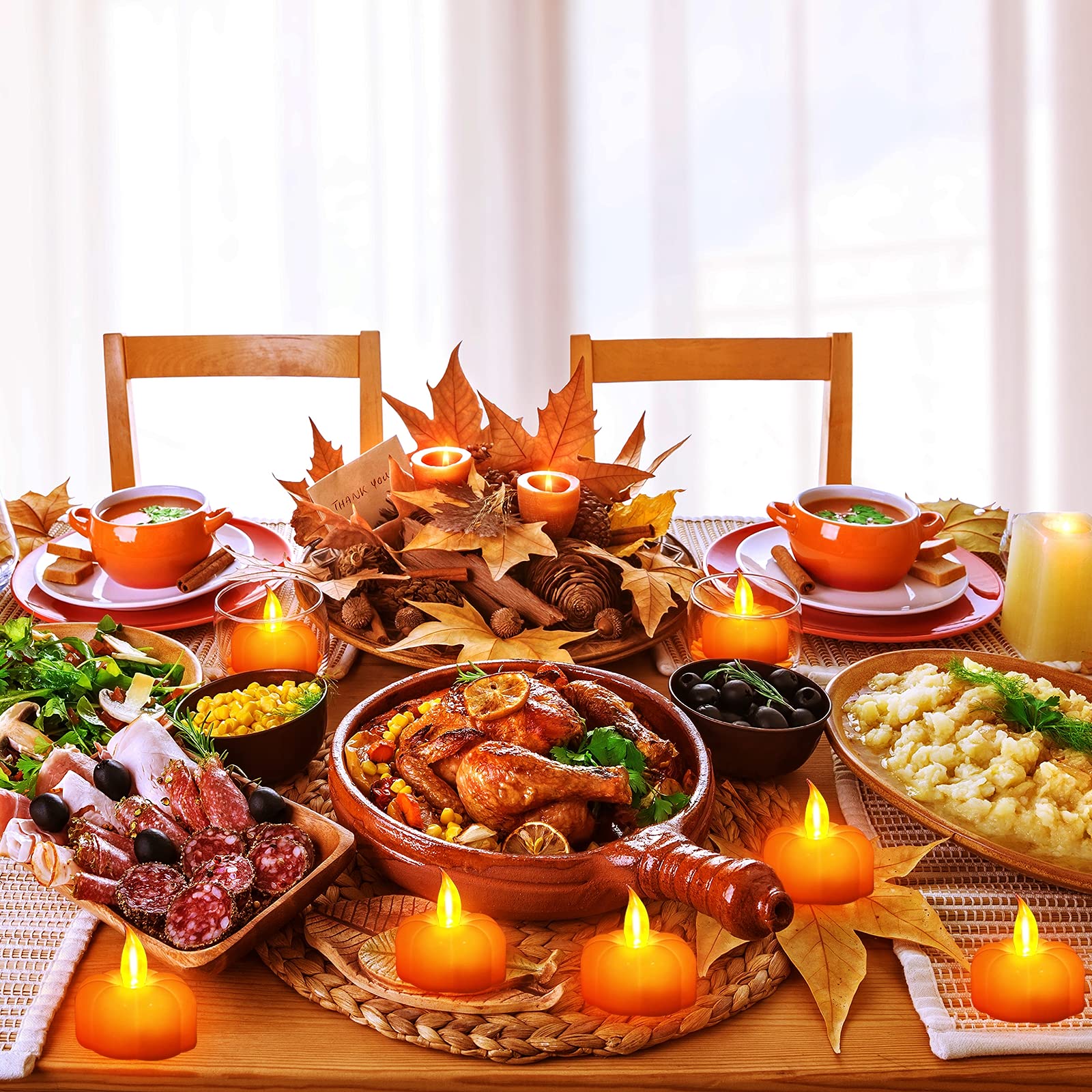 Turnmeon 12 Pack Fall Pumpkin Tea Lights, Led Pumpkin Flame Less Candles Battery Operated Fall Decoration Flickering Candles For