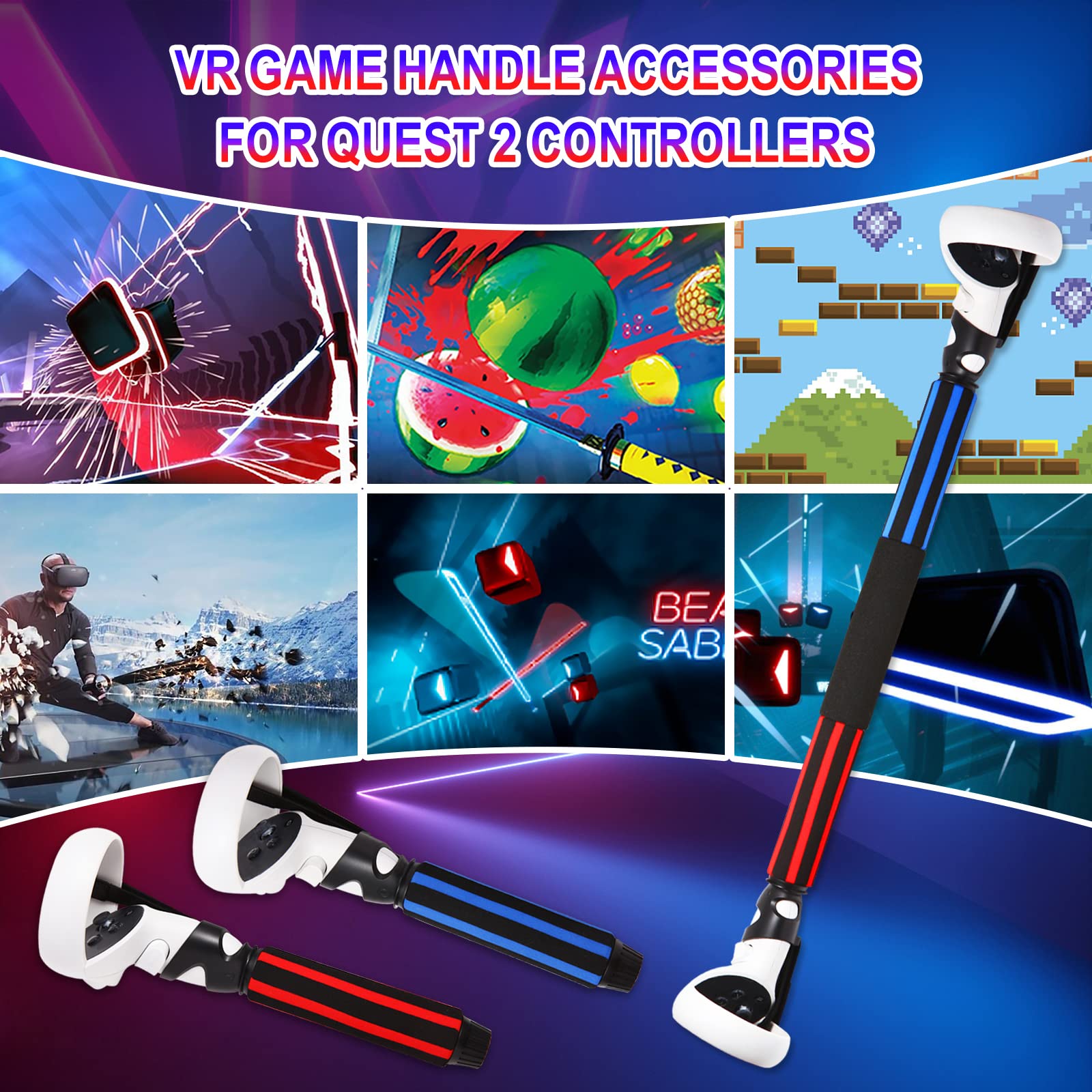 Vr Long Arms Sticks Handle Attachments For Meta/Oculus Quest 2 Extension Grips For Playing Beat Saber Game,Gorilla Tag And Super
