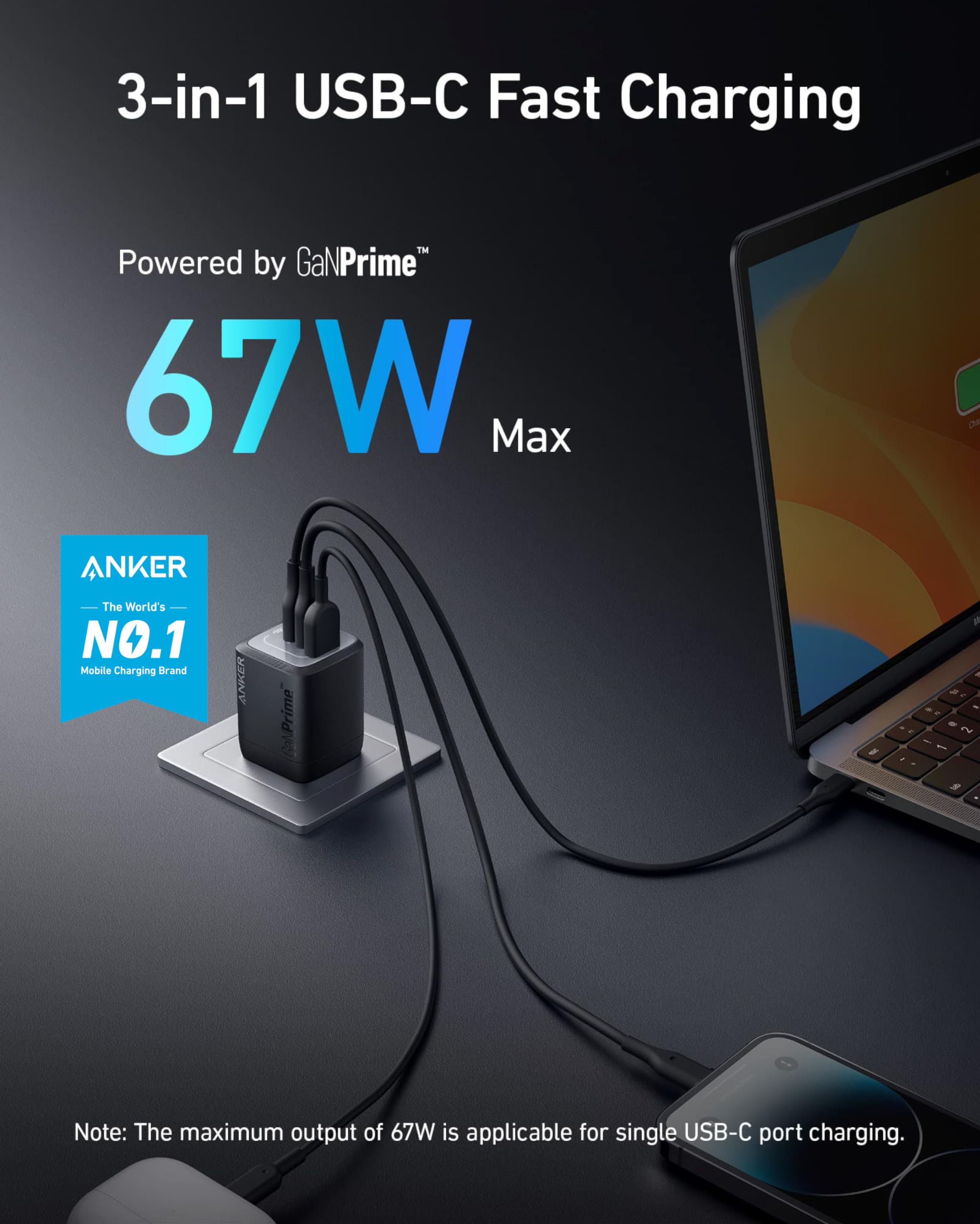 Anker Prime 67W Usb C Charger, Anker Gan 3 Port Compact Fast Pps Wall Charger, For Macbook Pro/Air, Pixelbook, Ipad Pro, Iphone