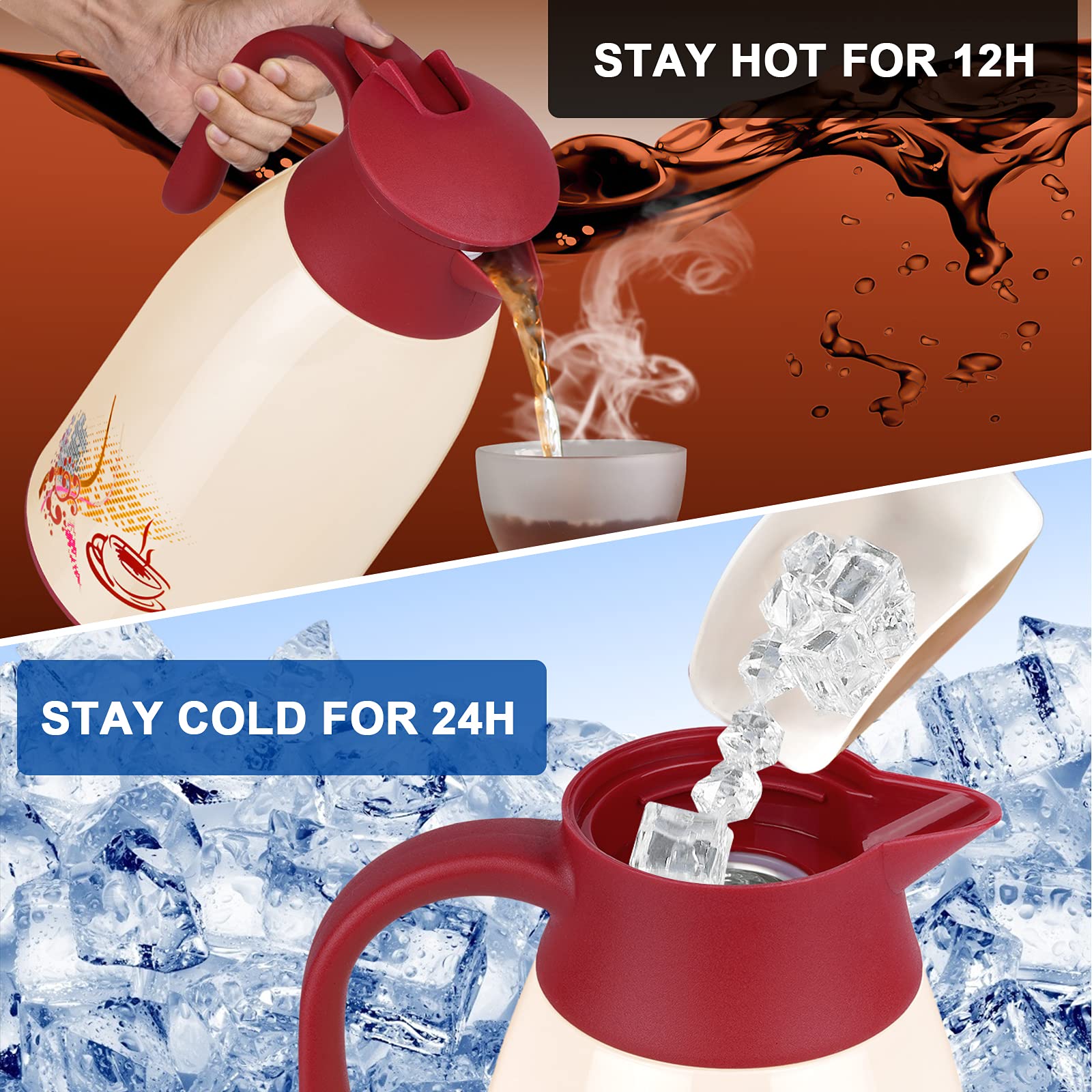 Acechef 40.5 Oz Glass Lined Thermal Carafe, Insulated Coffee Carafe, Coffee Thermos, Tea Pot With Lid, Vacuum Insulated Thermal