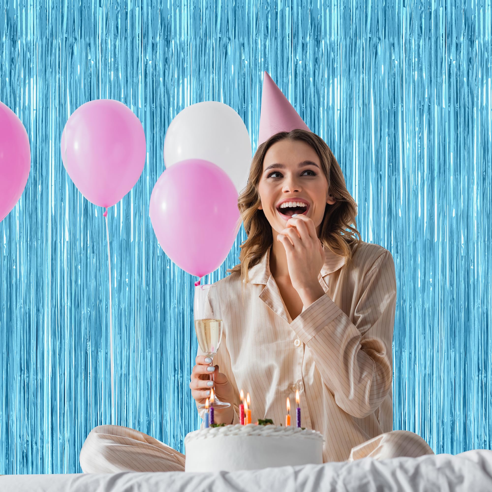 12 Pack Party Decorations, 3.28 Ft X 7.05 Ft Sky Blue Curtains, Metallic Party Streamers Photo Booth Backdrop Foil Fringe Curtai