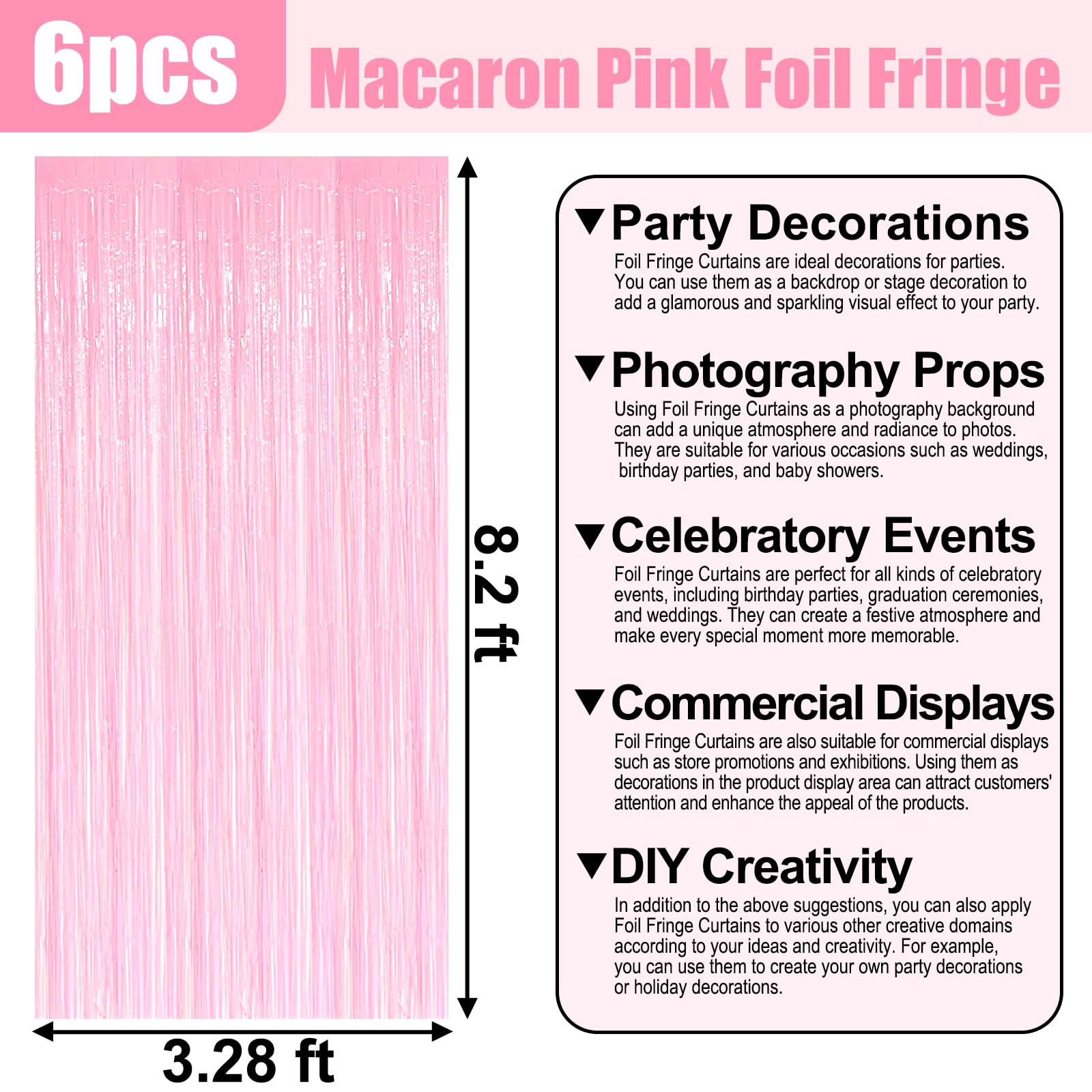 6 Pack Macaron Pink Foil Fringe Curtain Backdrop, 3.28Ft X 8.2Ft Metallic Tinsel Foil Fringe Streamer Curtains For Photo Booth,