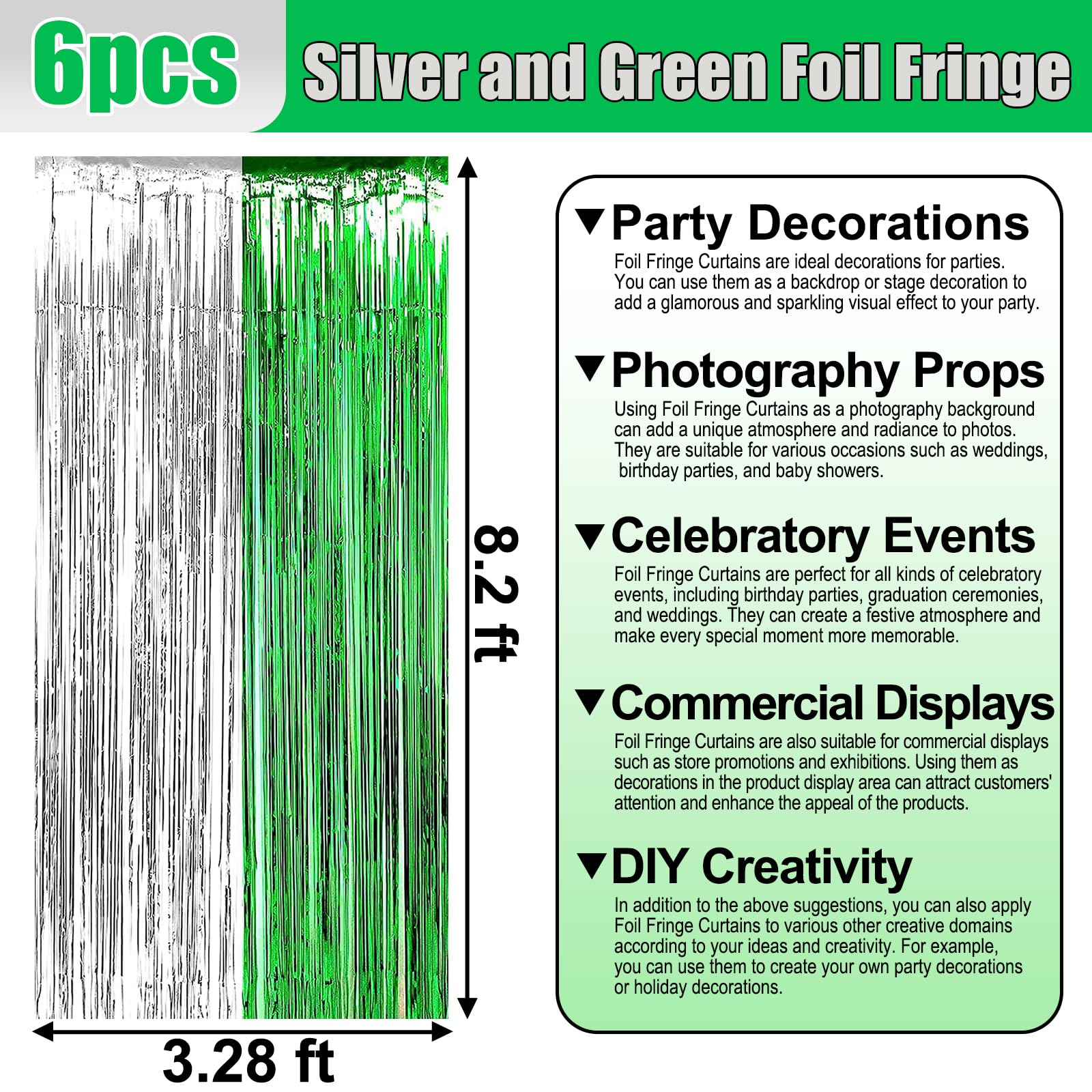 6 Pack Silver Green Foil Fringe Curtain Backdrop, 3.28Ft X 8.2Ft Metallic Tinsel Foil Fringe Streamer Curtains For Photo Booth,