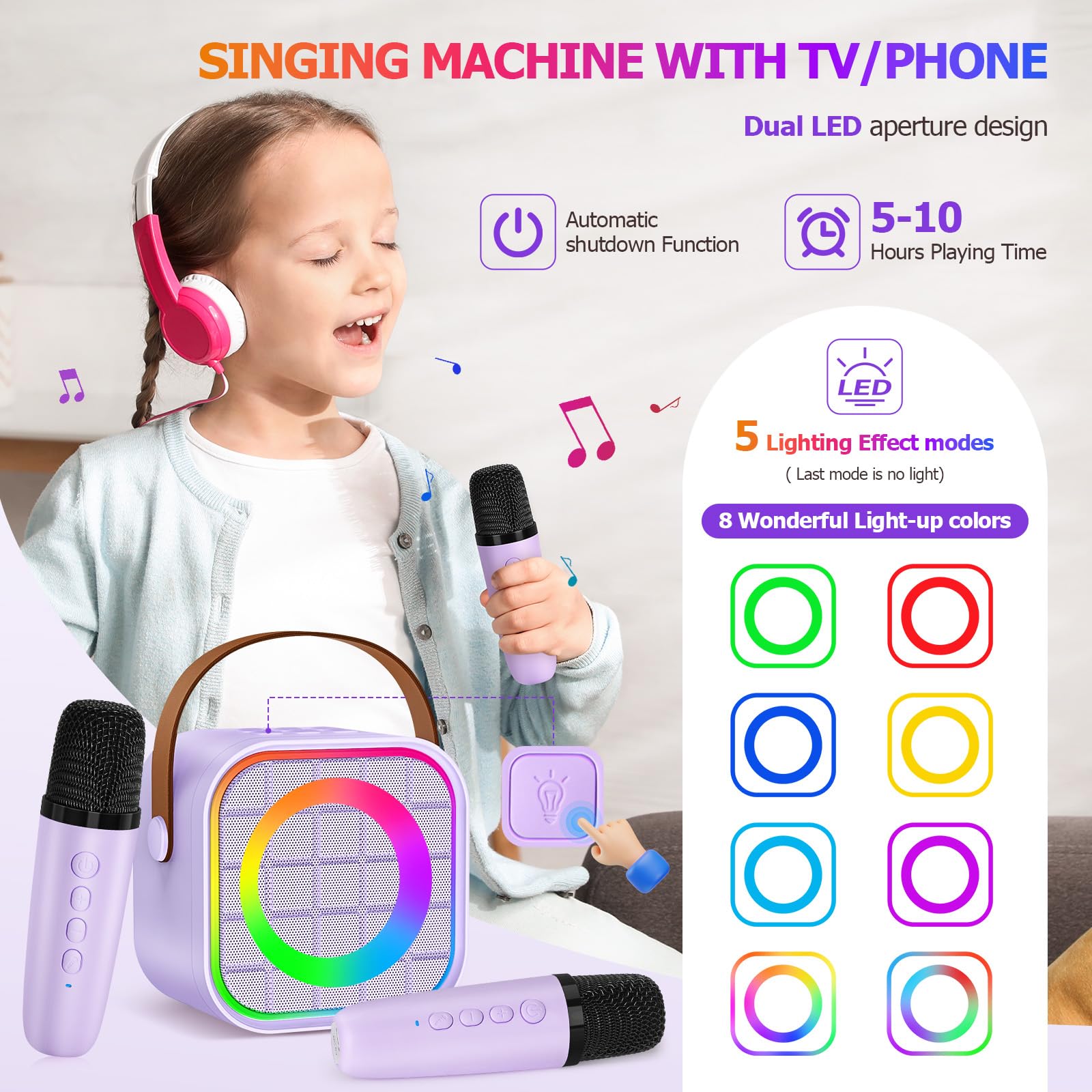 Ylyycc Mini Karaoke Machine With 2 Wireless Microphone, Portable Purple Bluetooth Speaker For Kids, Birthday Teen Toys Gifts Ide