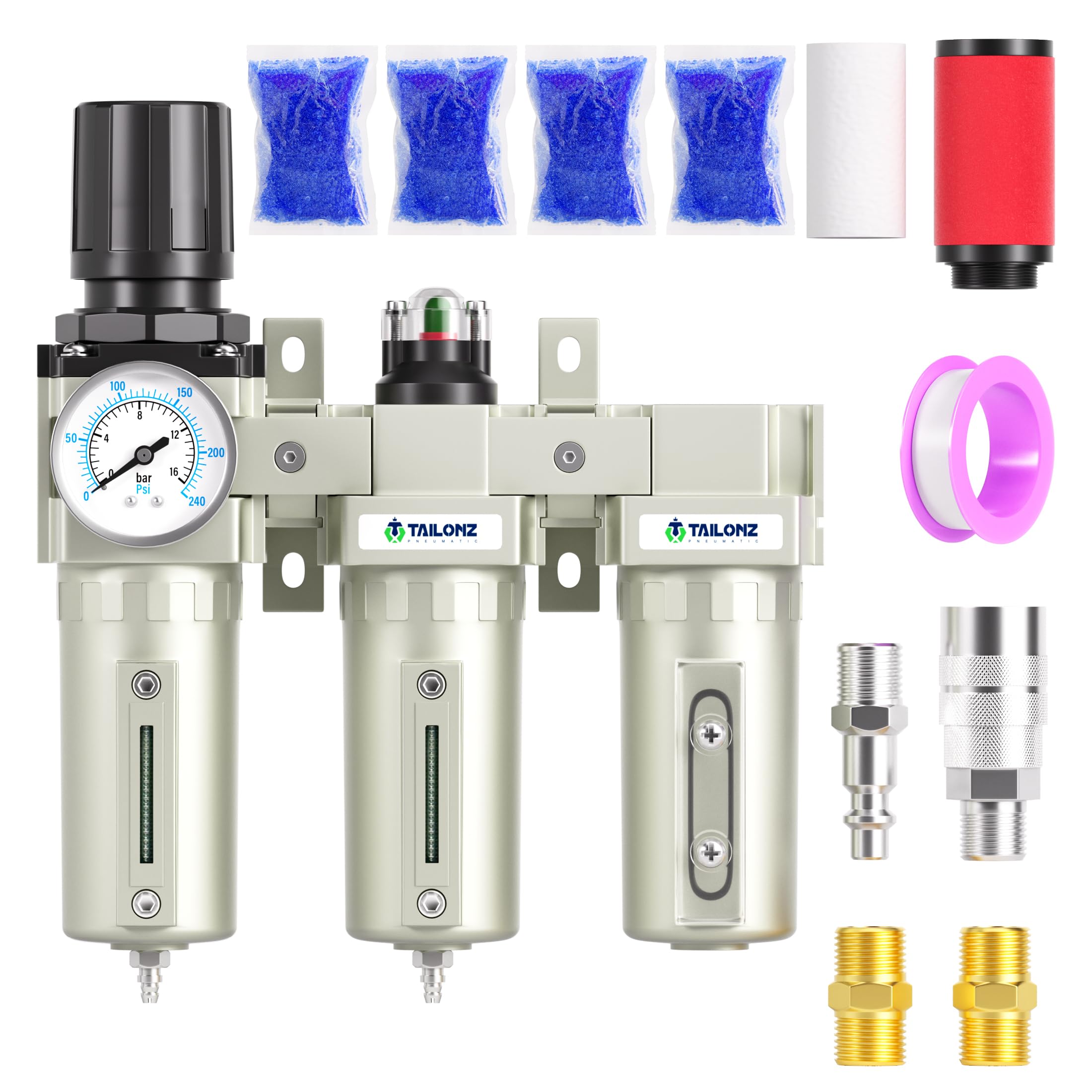 Tailonz Pneumatic 0 240Psi 1/2 Inch Npt Industrial Grade Three Stage Air Drying System, Particulate Filter, Coalescing Filter, D