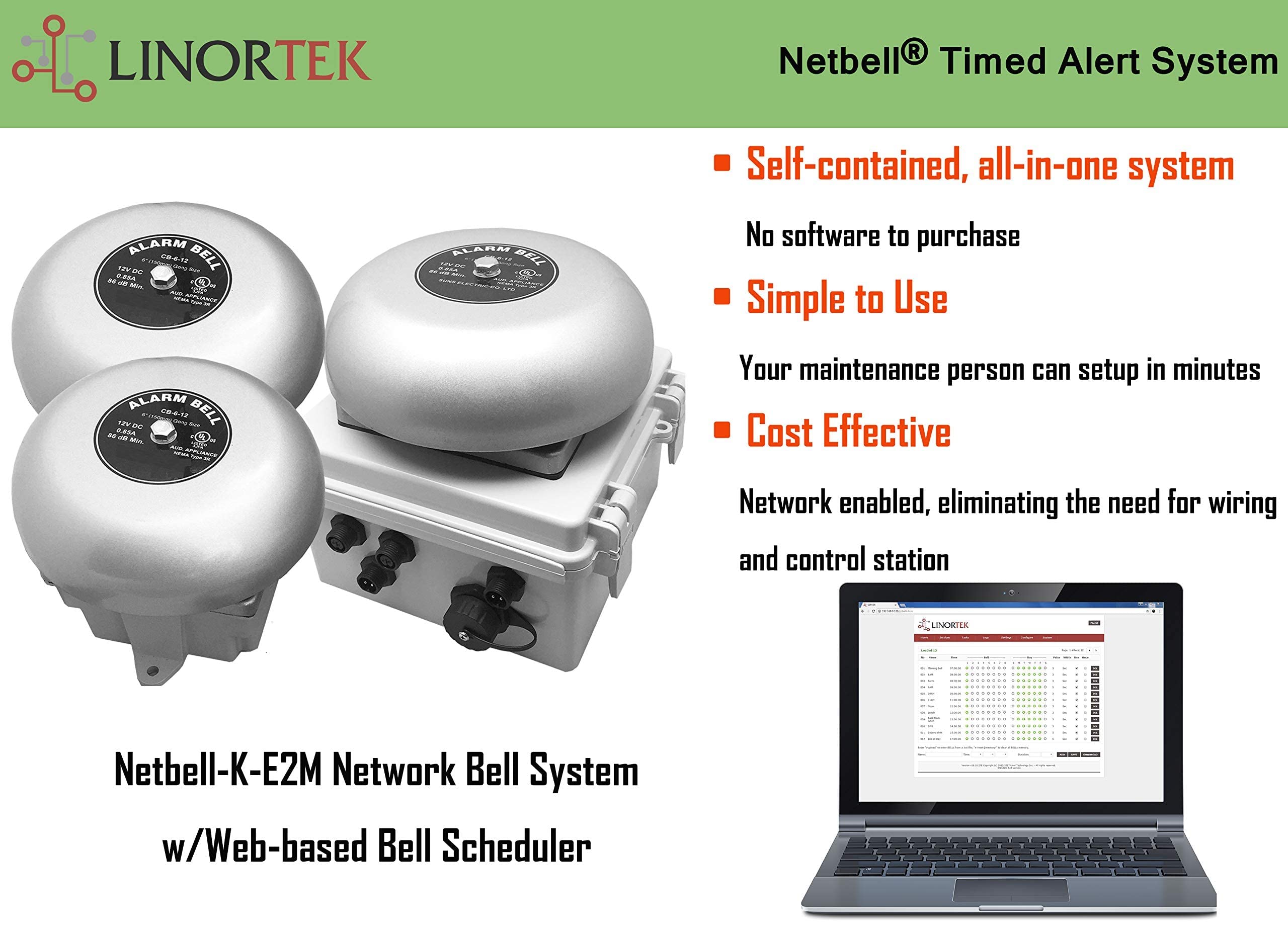 Netbell K E2M Network All In One Break Bell System (3 Bells System, Each Bell Covers Up To 6 8K Sqft Area), Free Software Built