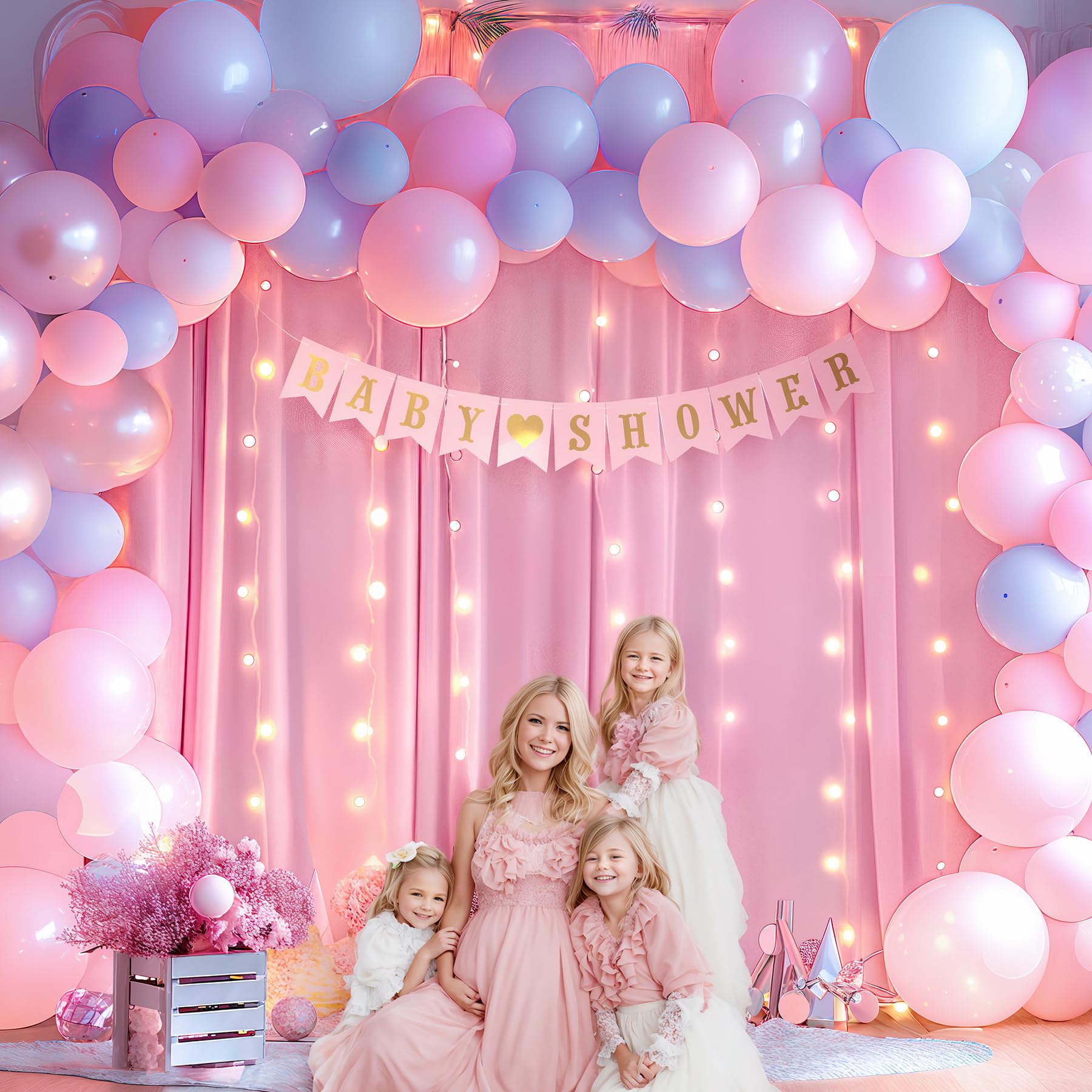 Pink Backdrop Curtains With Lights For Parties,10X10Ft Wrinkle Free Polyester Wedding Photo Backdrop Curtains For Baby Shower Bi