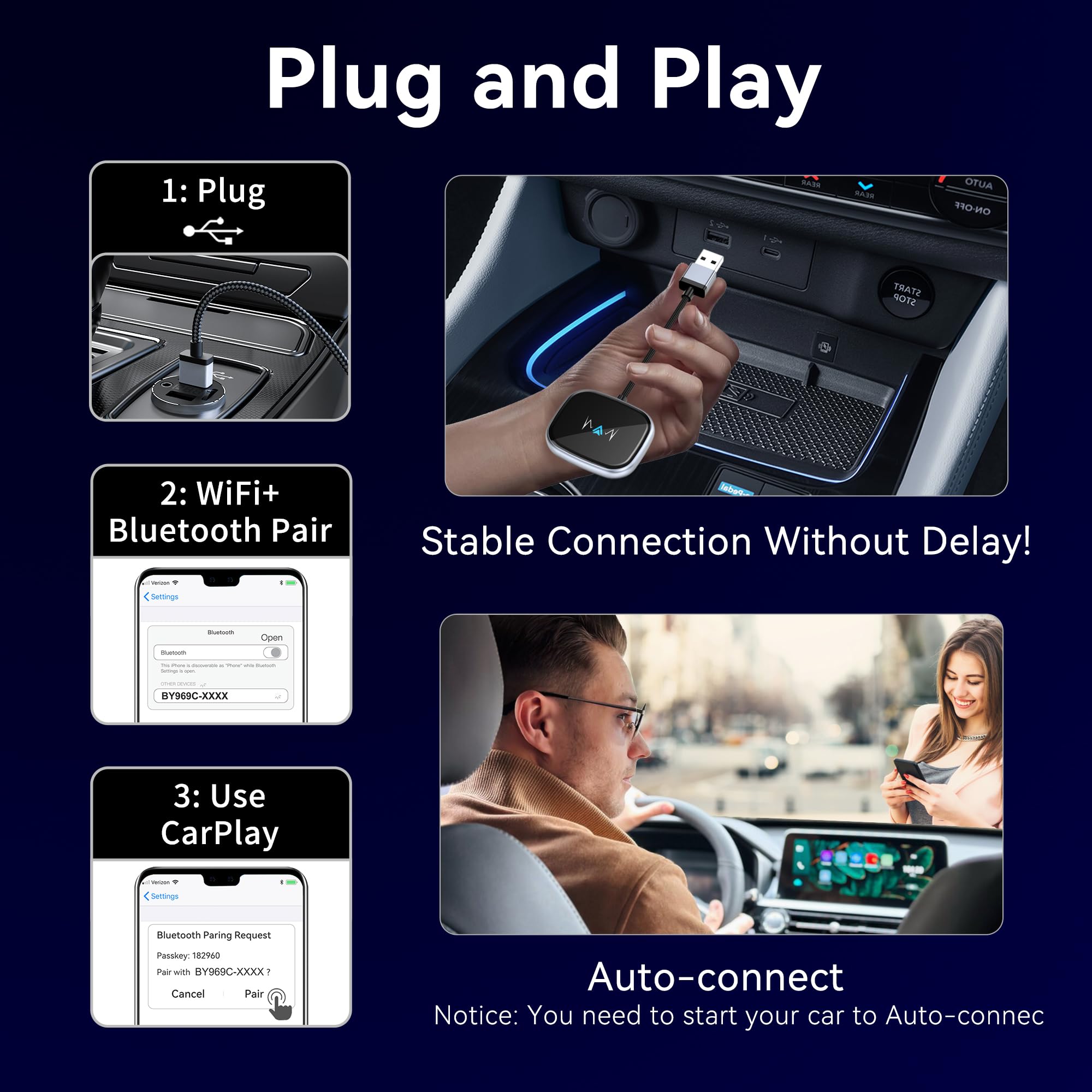 Vnilrgle Android Auto Wireless Adapter, Wireless Carplay Adapter, Latest Nfc Touchscreen Connectivity, Plug And Play For Android