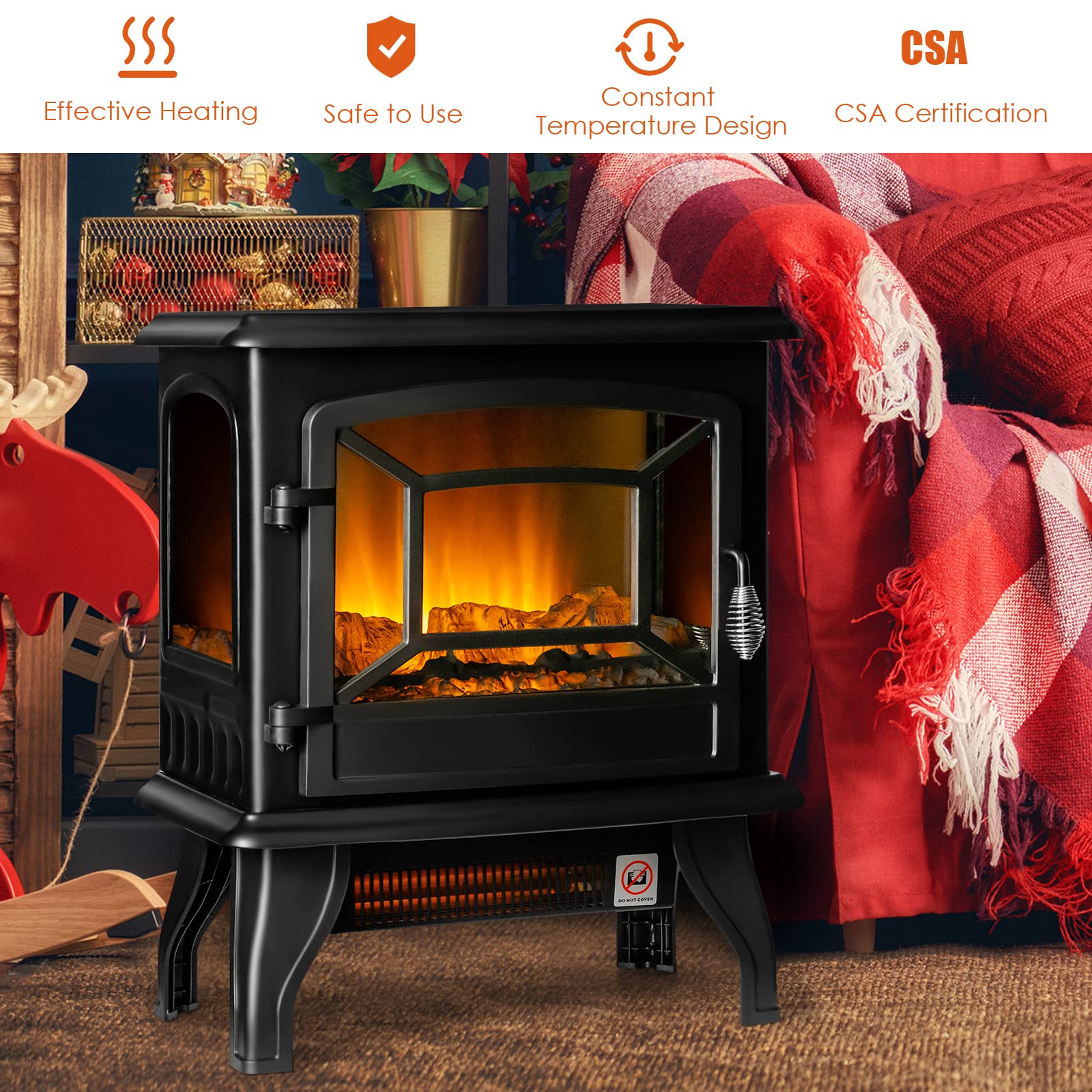 Goflame 20'' Electric Fireplace Stove, Freestanding Fireplace Heater With Realistic Flame Effect And Adjustable Thermostat, Comp