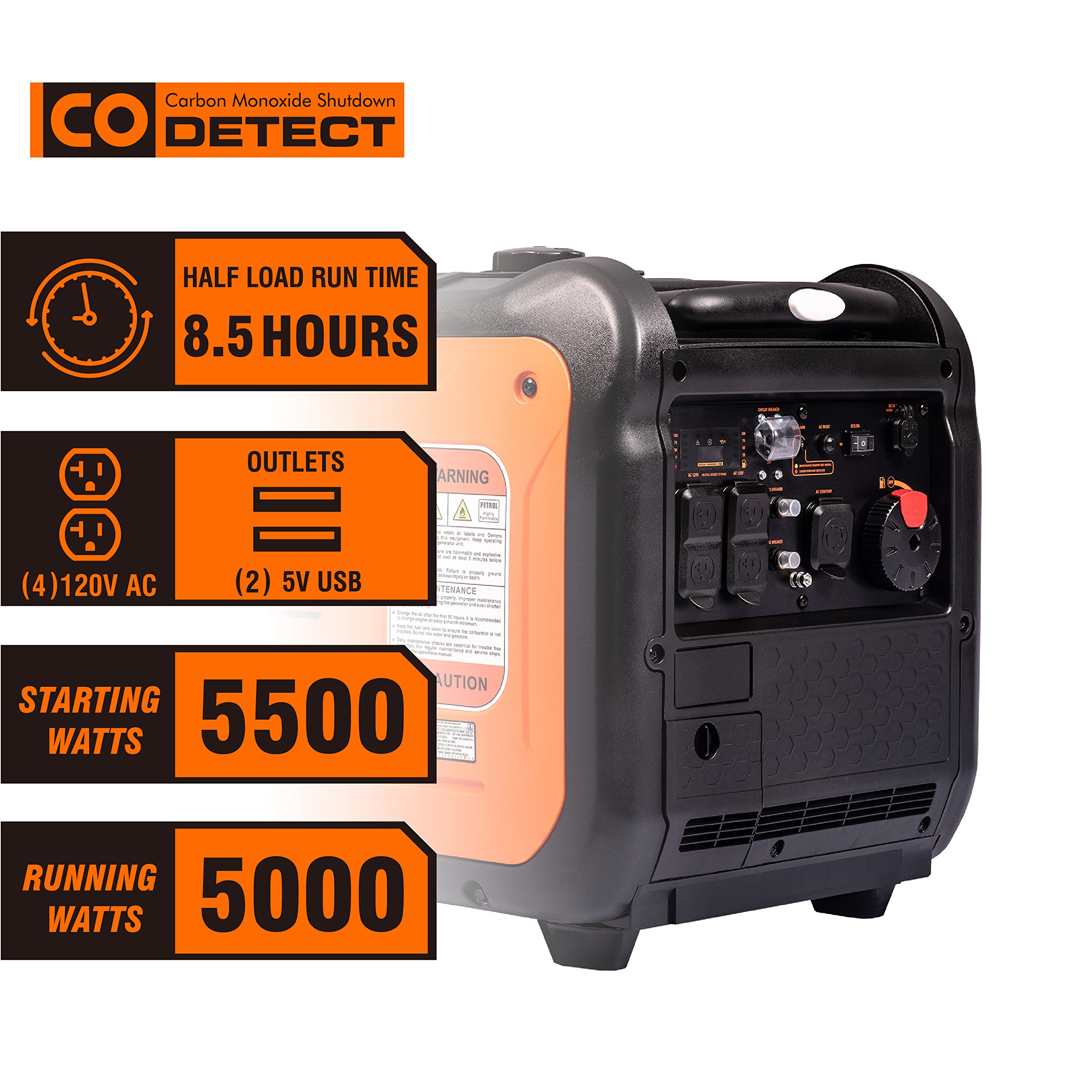 Genmax Portable Generator,5500W Ultra-Quiet Gas Engine, Epa Compliant, Eco-Mode Feature, Ultra Lightweight For Backup Home Use &