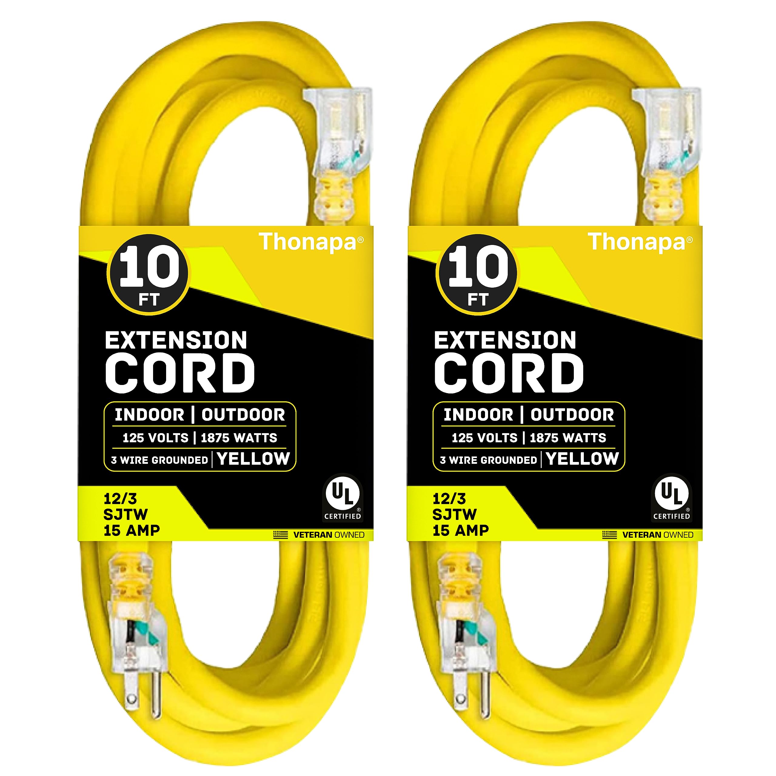 Thonapa 2 Pack Lighted Outdoor Extension Cord 10 Ft   12 Gauge 15 Amp Heavy Duty Power Extension Cords   Sjtw   Great For Major